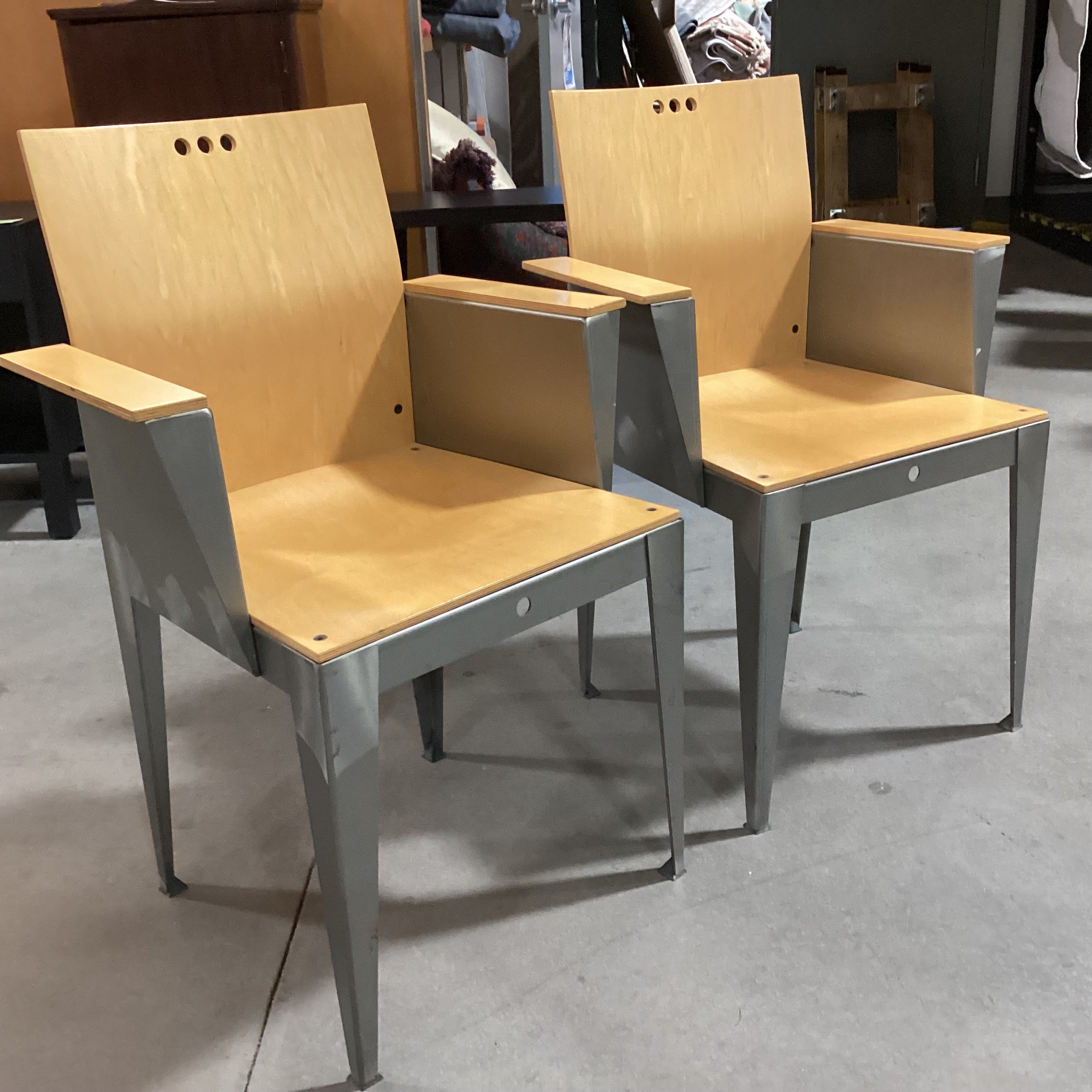 SET of 2 Bruce Sienkowski Maple & Stainless Eli Arm Chairs 24"x 19"x 34"