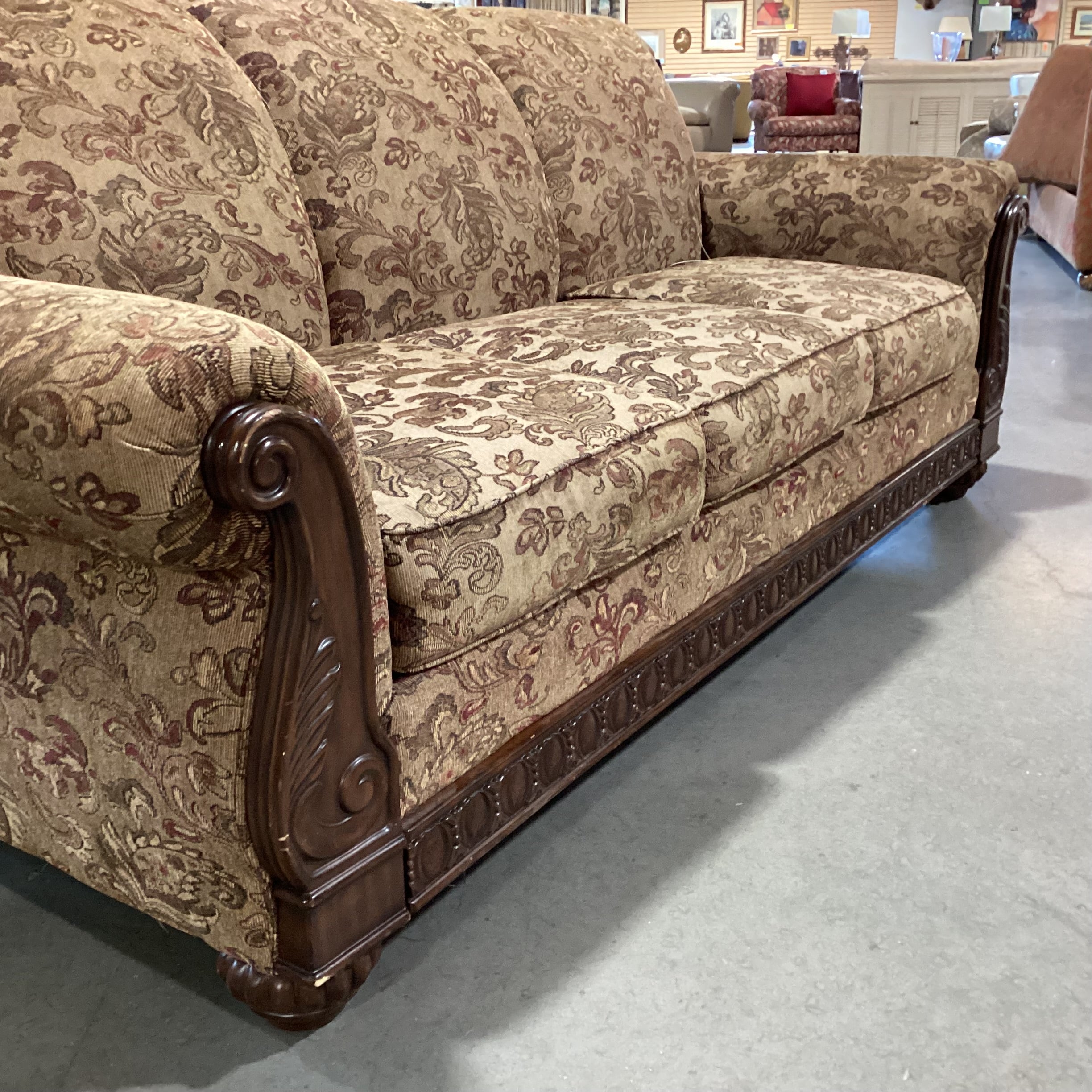 Ashley Tan Brown Rust Woven Floral & Carved Wood Sofa 87"x 40"x 38"