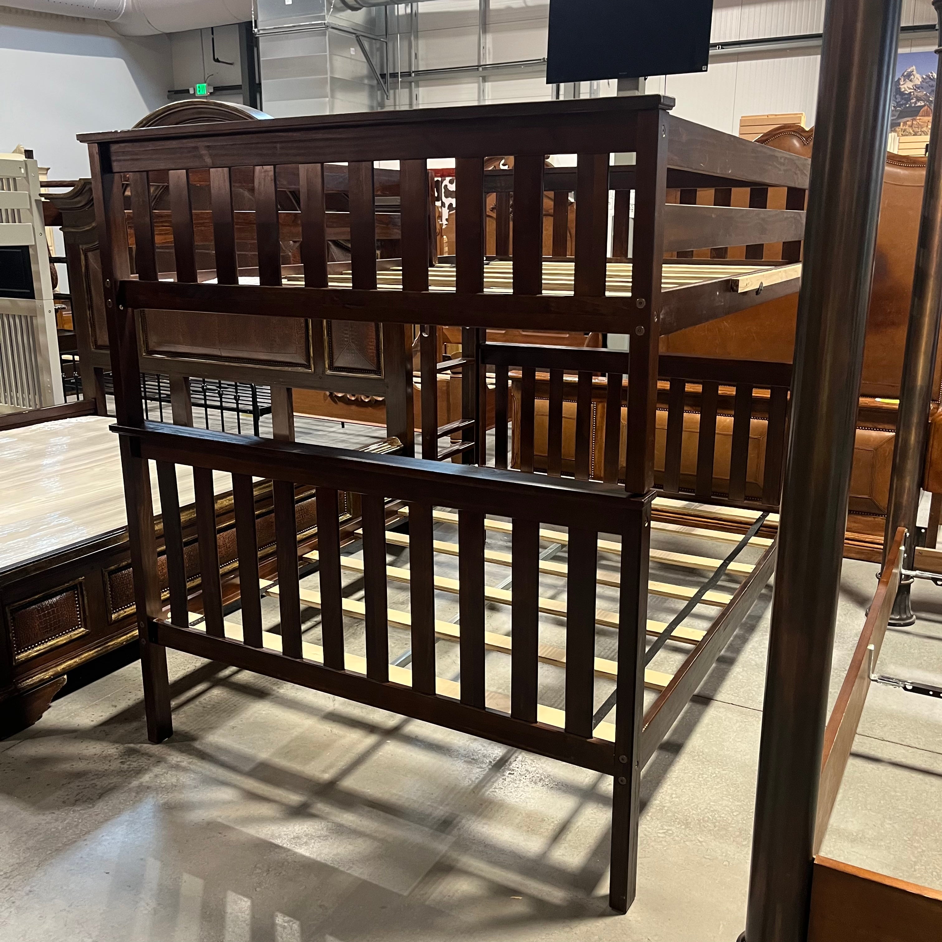 Full Over Full Solid Dark Wood Finish Bunk Bed Set 81.5"x 57.5" 65.5"