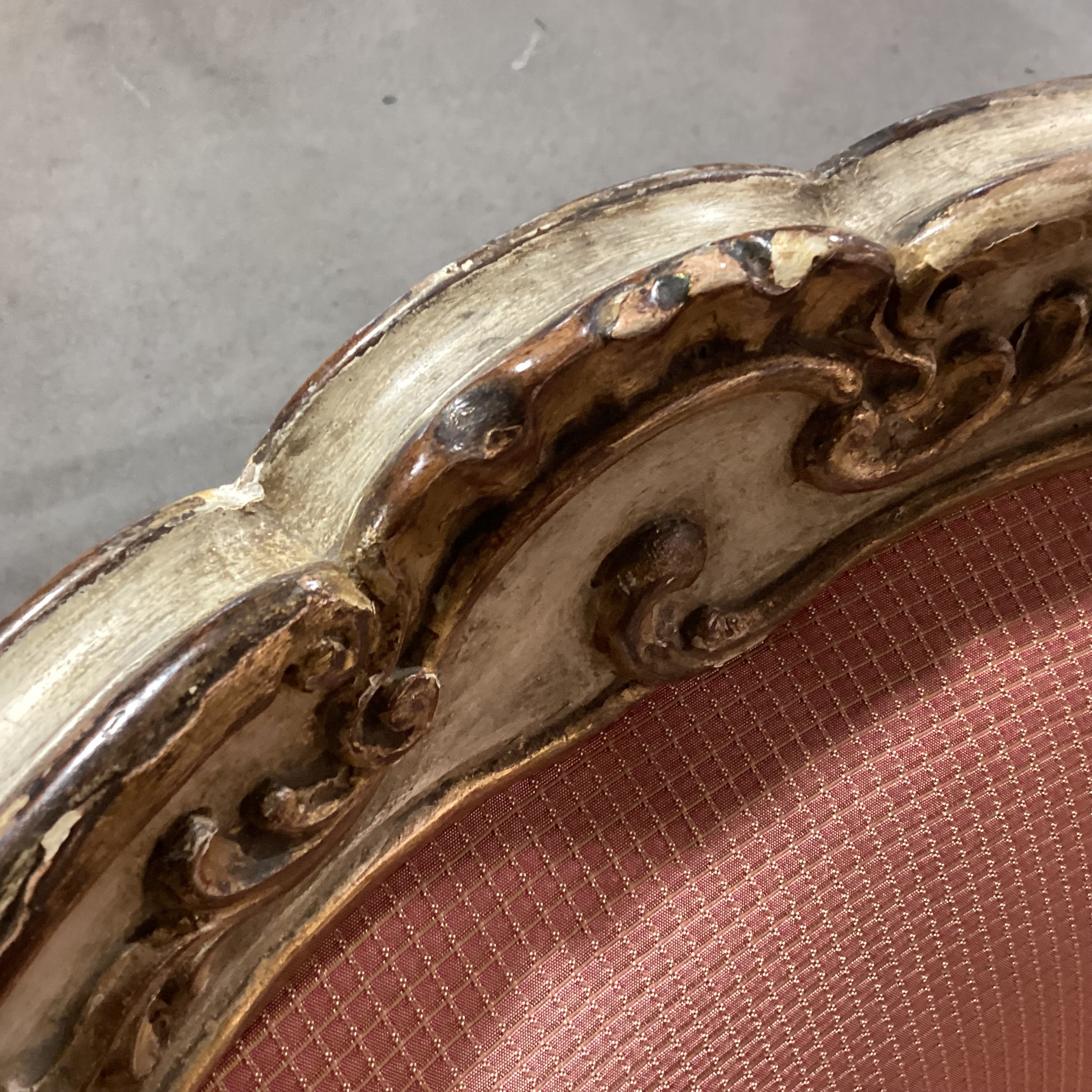 Antique French Provincial Ornate Carved Cream Gold Wood Orange Gold Upholstered Chair 31"x 26"x 41"