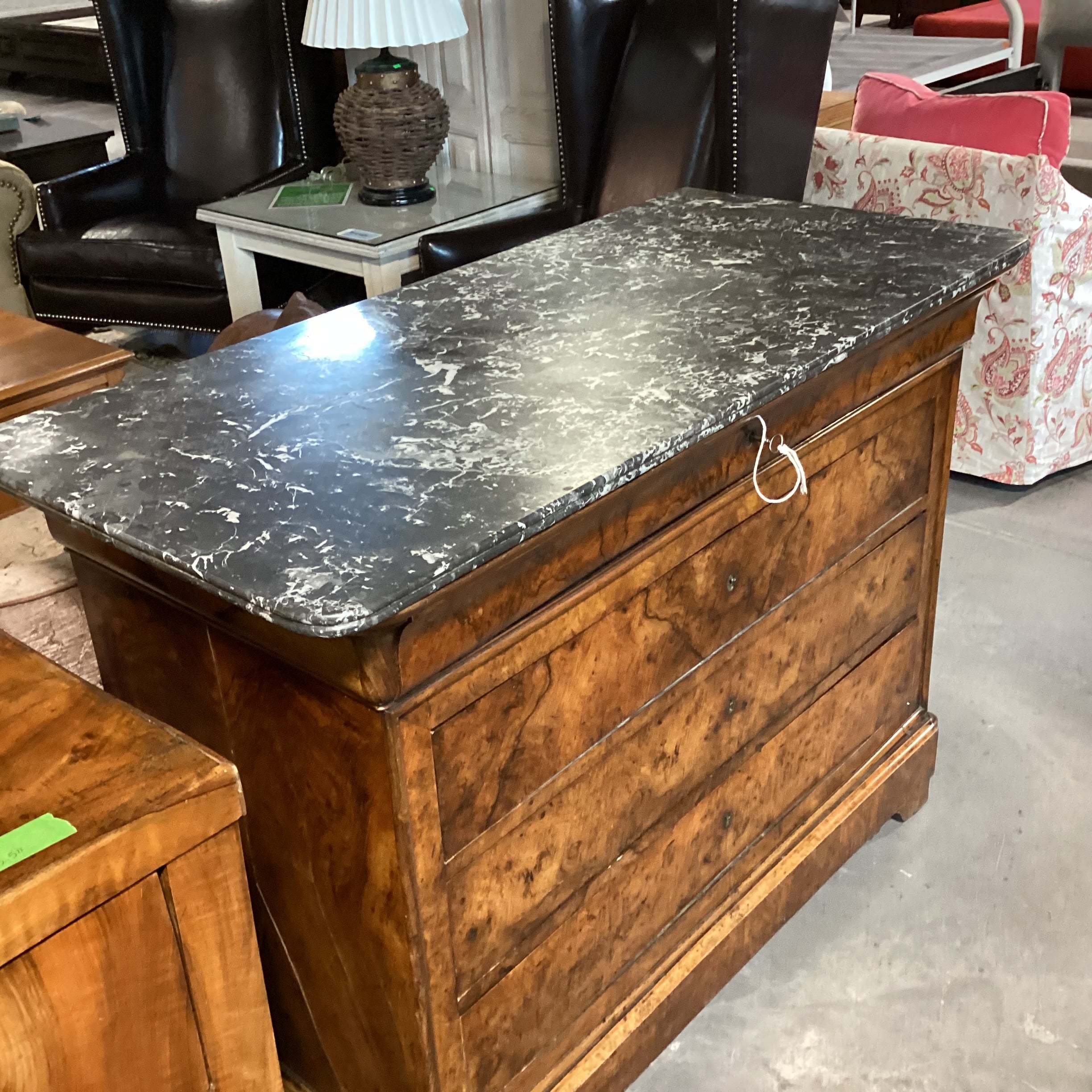 Antique Mediterranean Olive Burl 4 Drawer with Marble Top Desk 52"x 24.5"x 39"