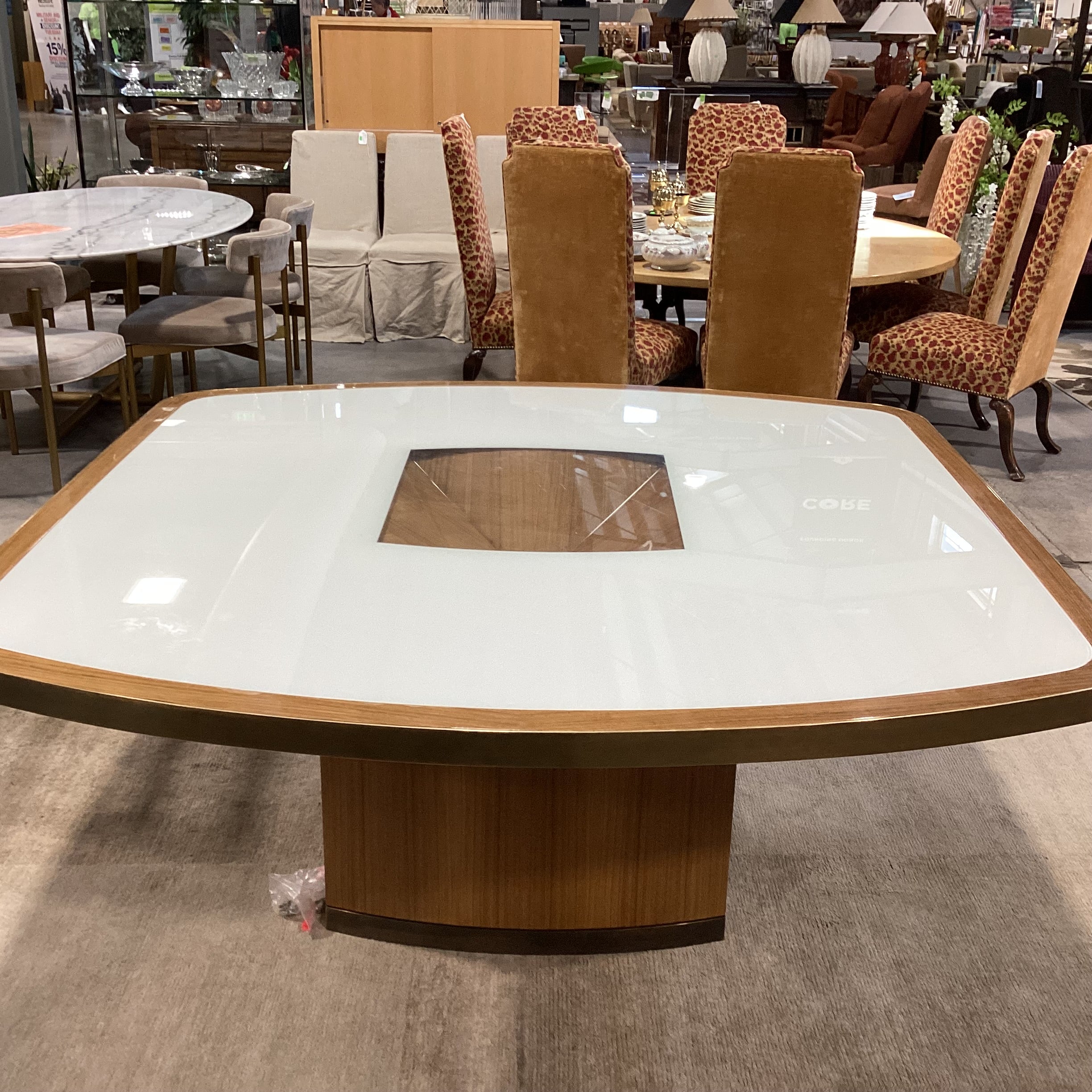 Custom Wood Veneer Brass White Lacquer & Glass Top Dining Table 66"x 66"x 29"