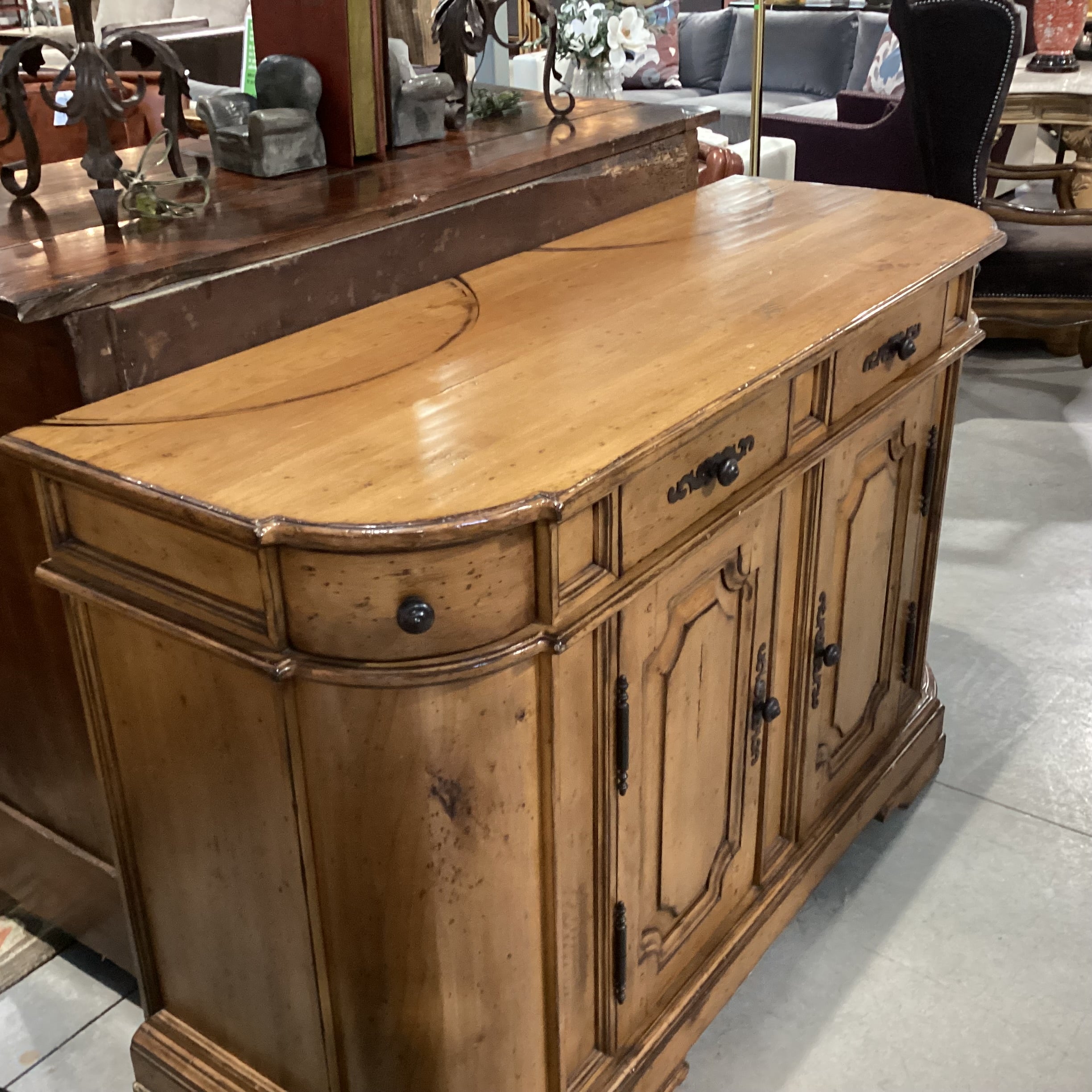 Distressed Finish Carved Panel Details 4 Drawer Sideboard 60"x 22"x 38.5"