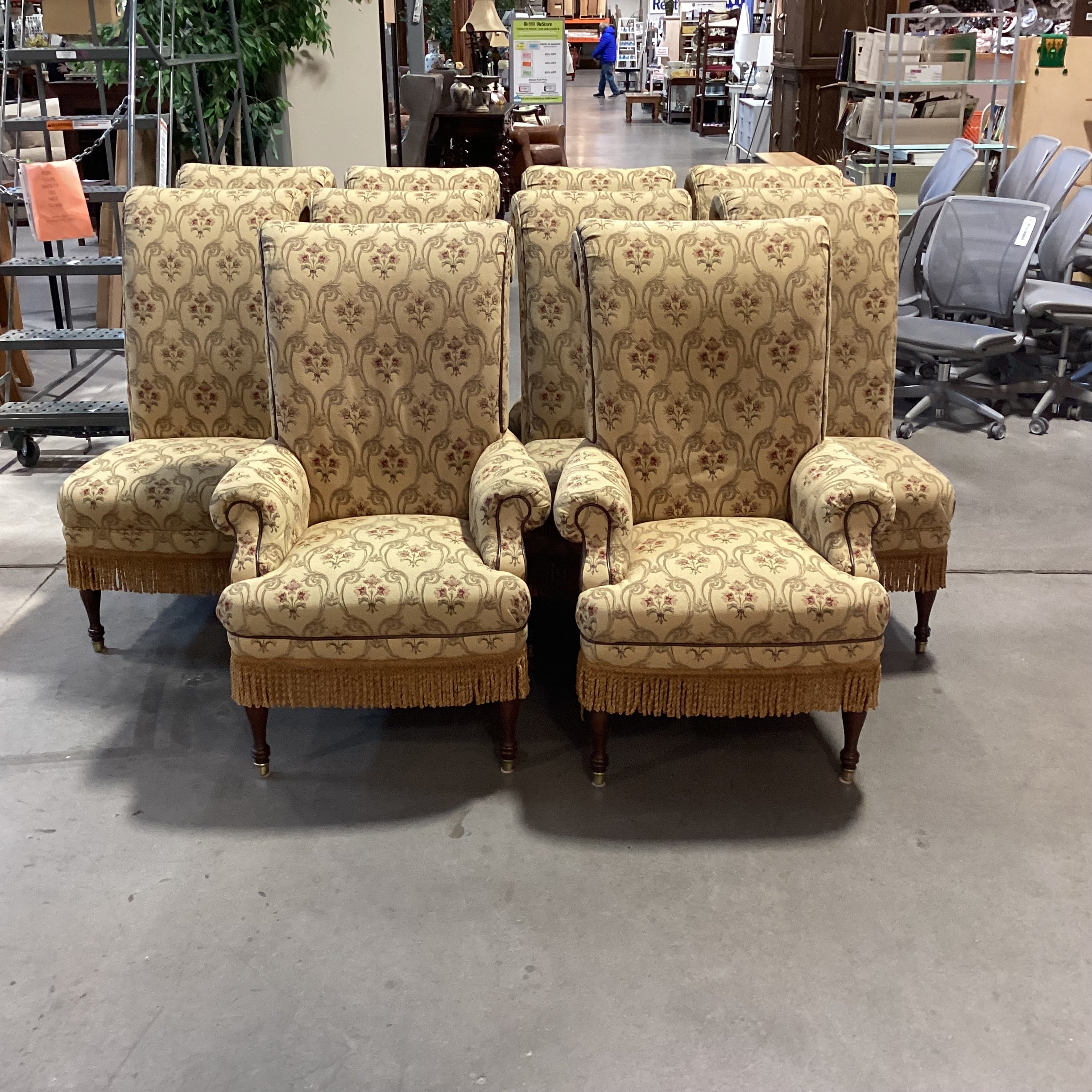 SET of 10 Custom Gold with Ornate Red Floral Leather & Fringe Roll Arm Back Dining Chairs 23"x 30"x 46"