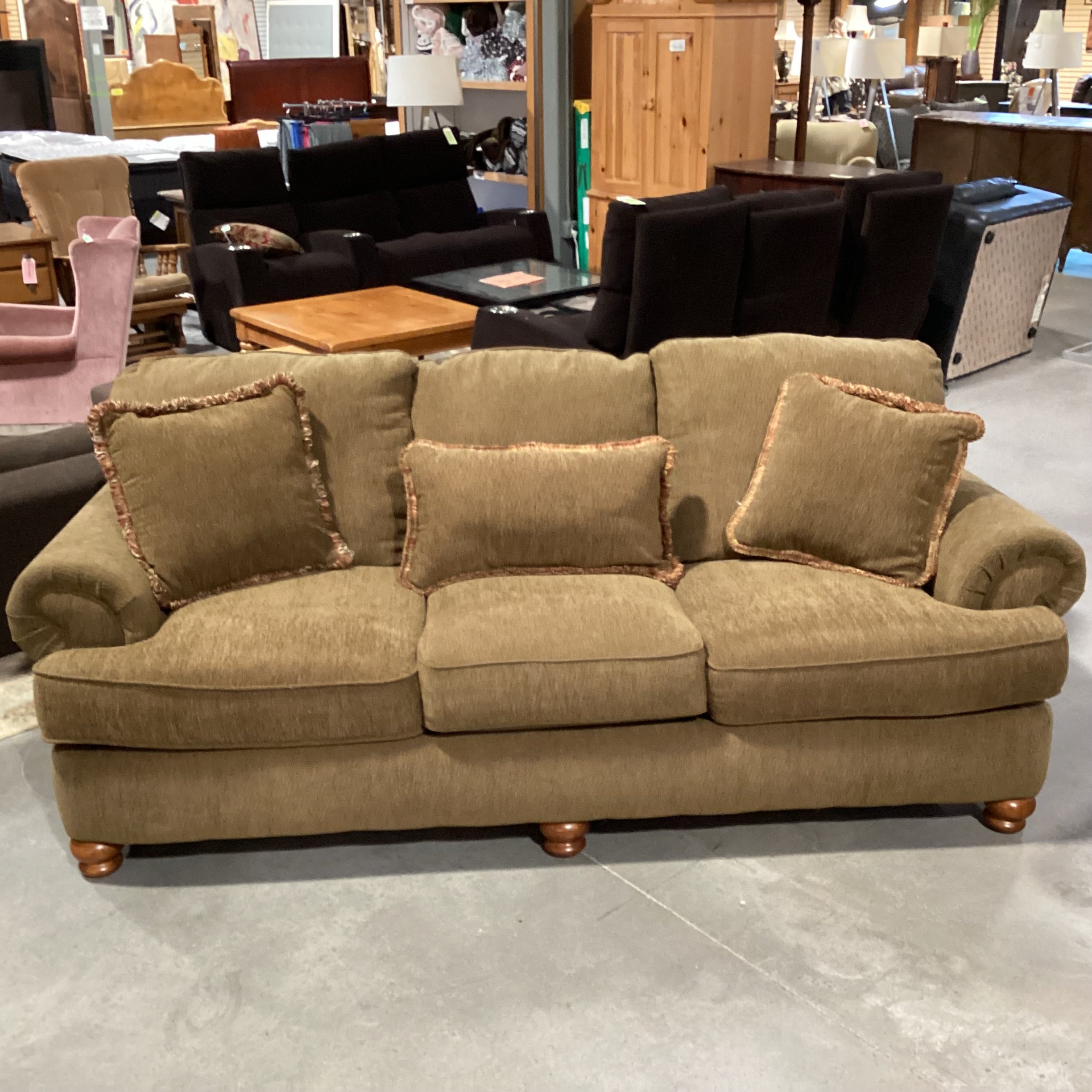 Olive Brown Texture Woven Upholstery with Accent Pillows Sofa 96"x 40"x 32"