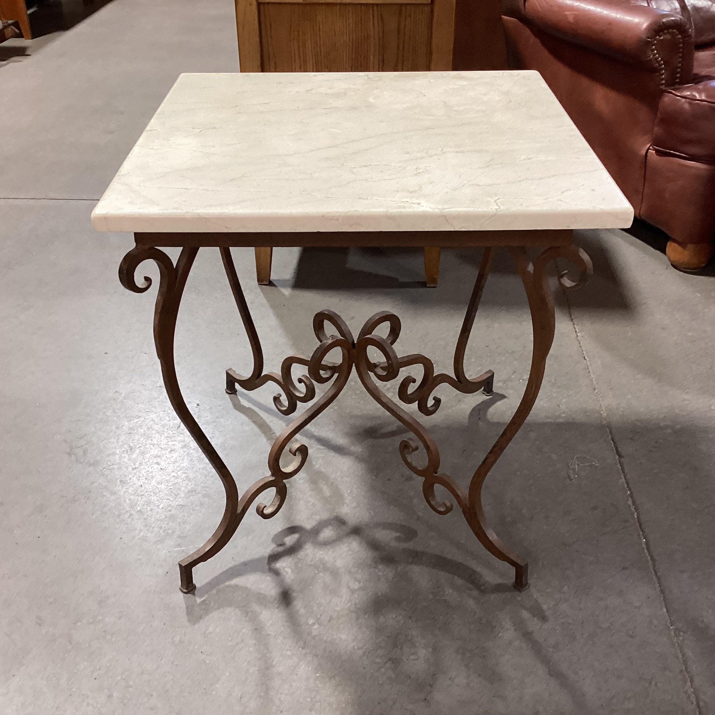 Ornate Iron & Stone Top Accent Table 22"x 22"x 23"