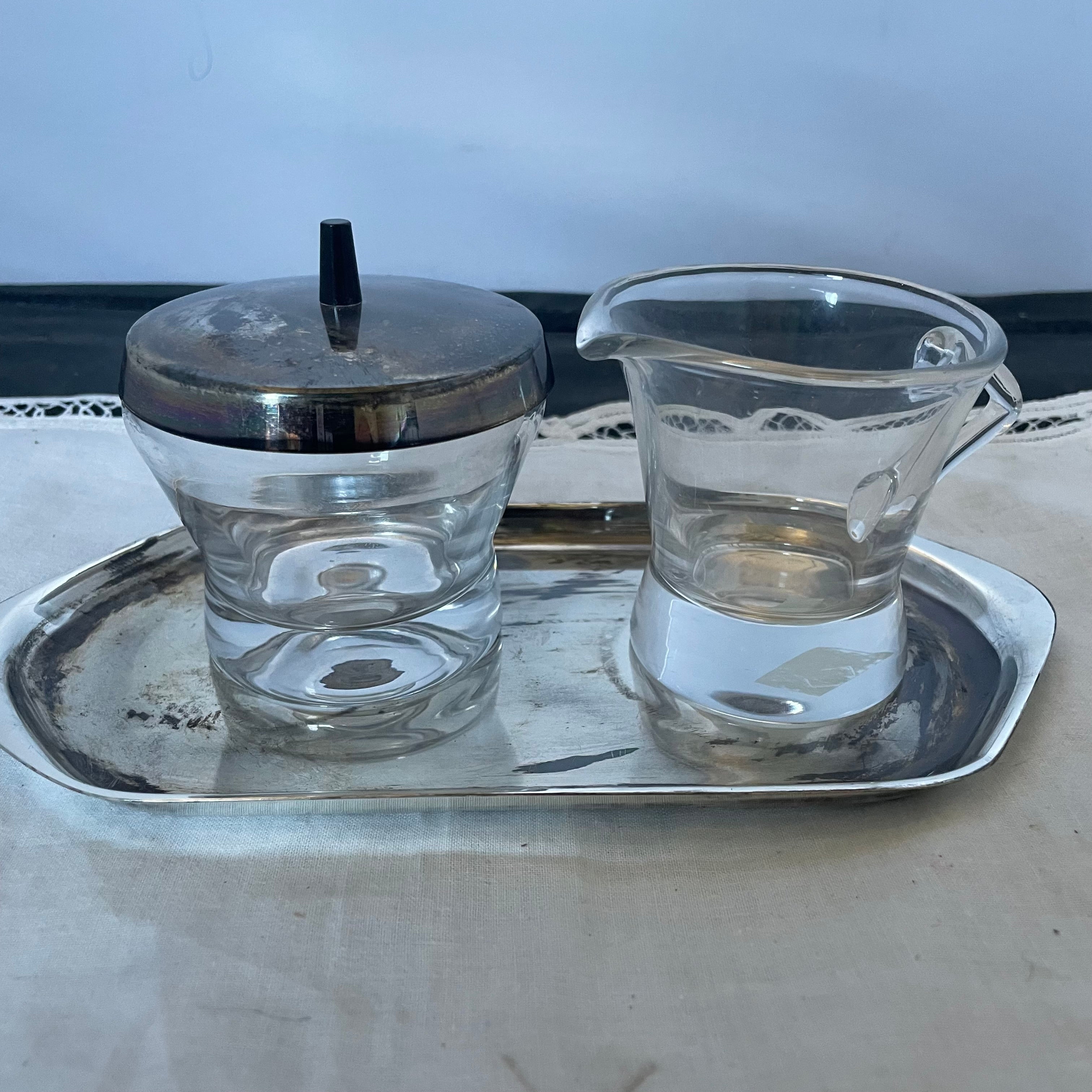 Set of 3 Pieces WMF Ikora Vintage Silverplated Sugar Bowl & Glass Milk Jug on Tray