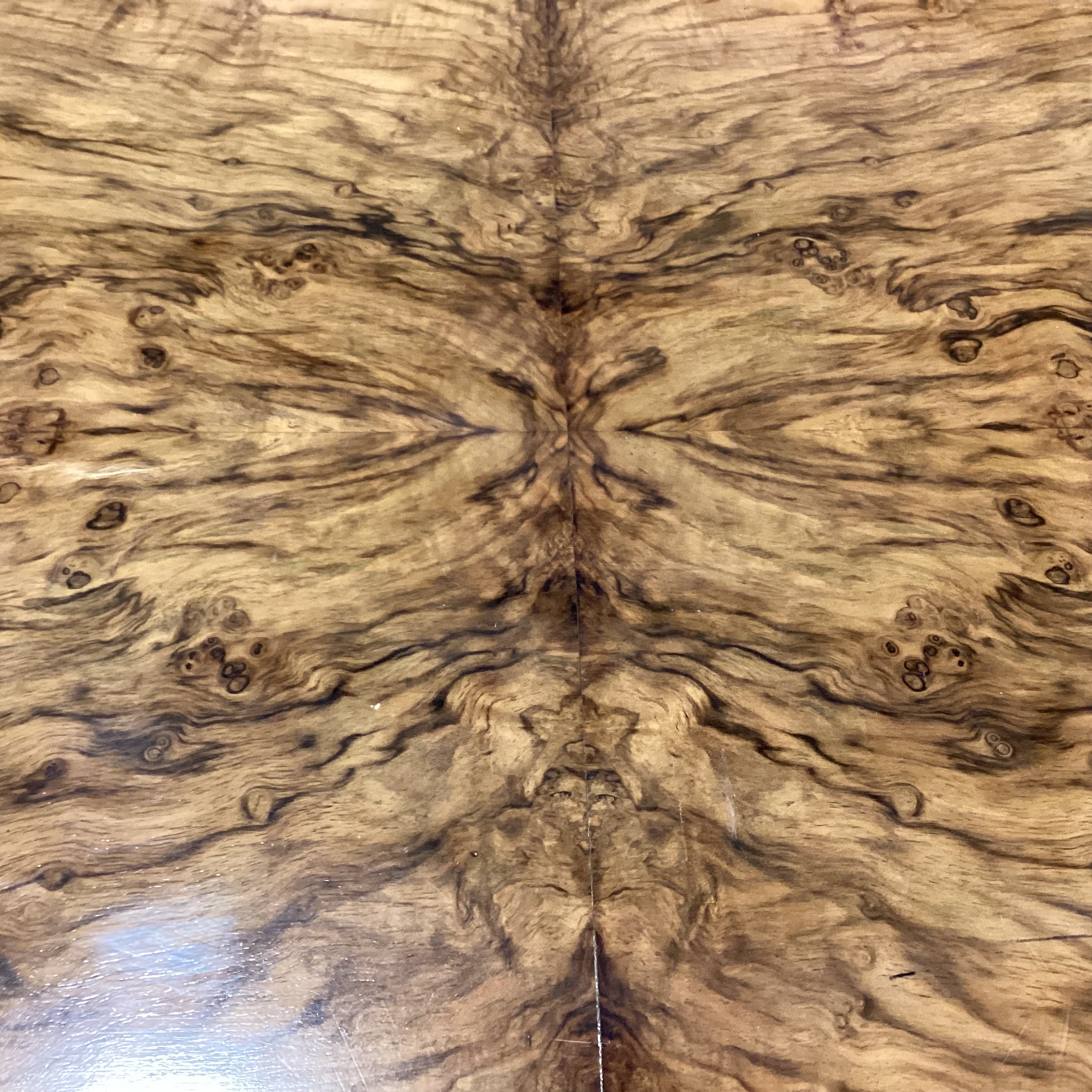 Vintage Art Deco Style Burl Maple Book Matched with Glass Top Accent Table 36"x 33"x 29.5"