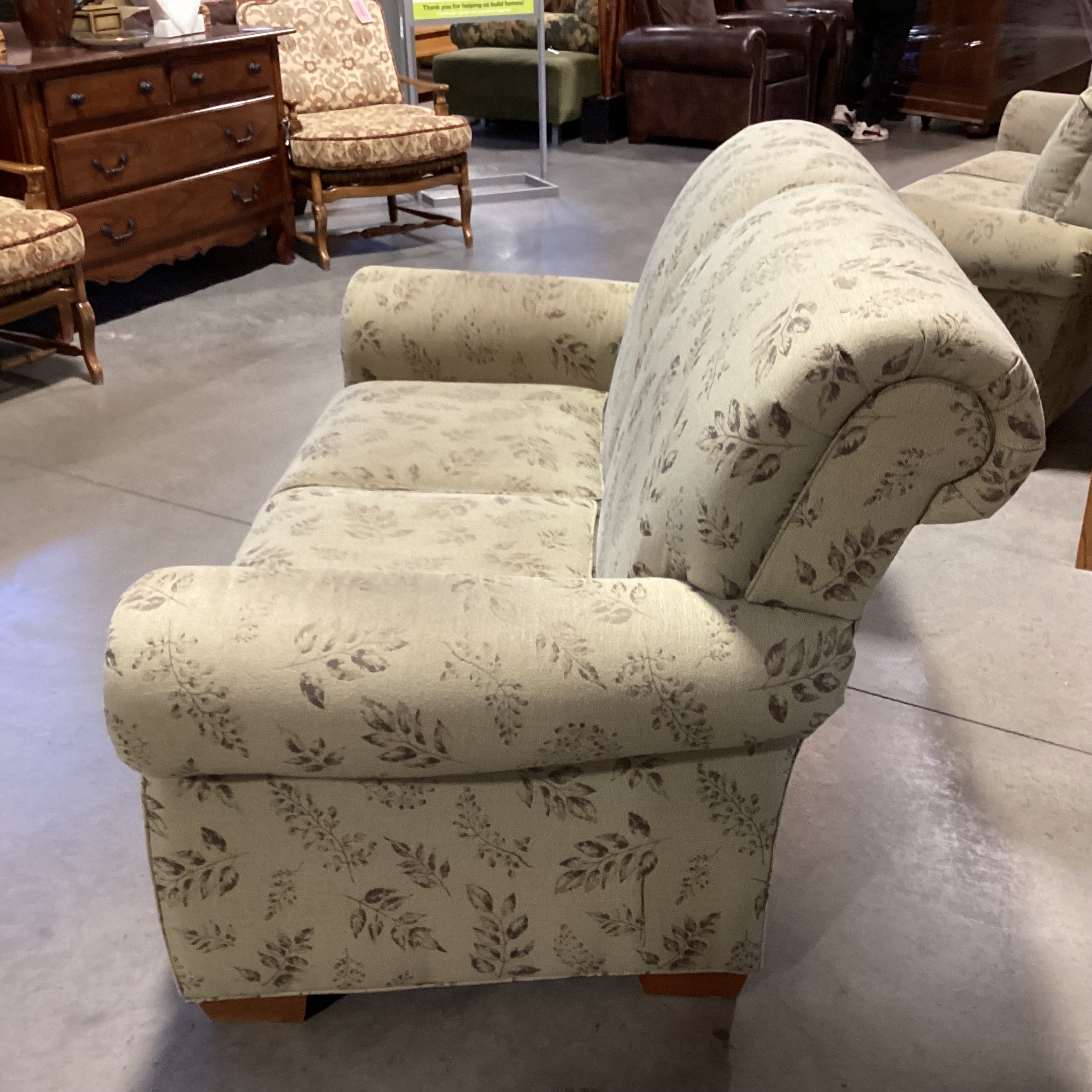 Sage with Leaf Design Roll Arm & Back Loveseat Sofa 62"x 38"x 37"