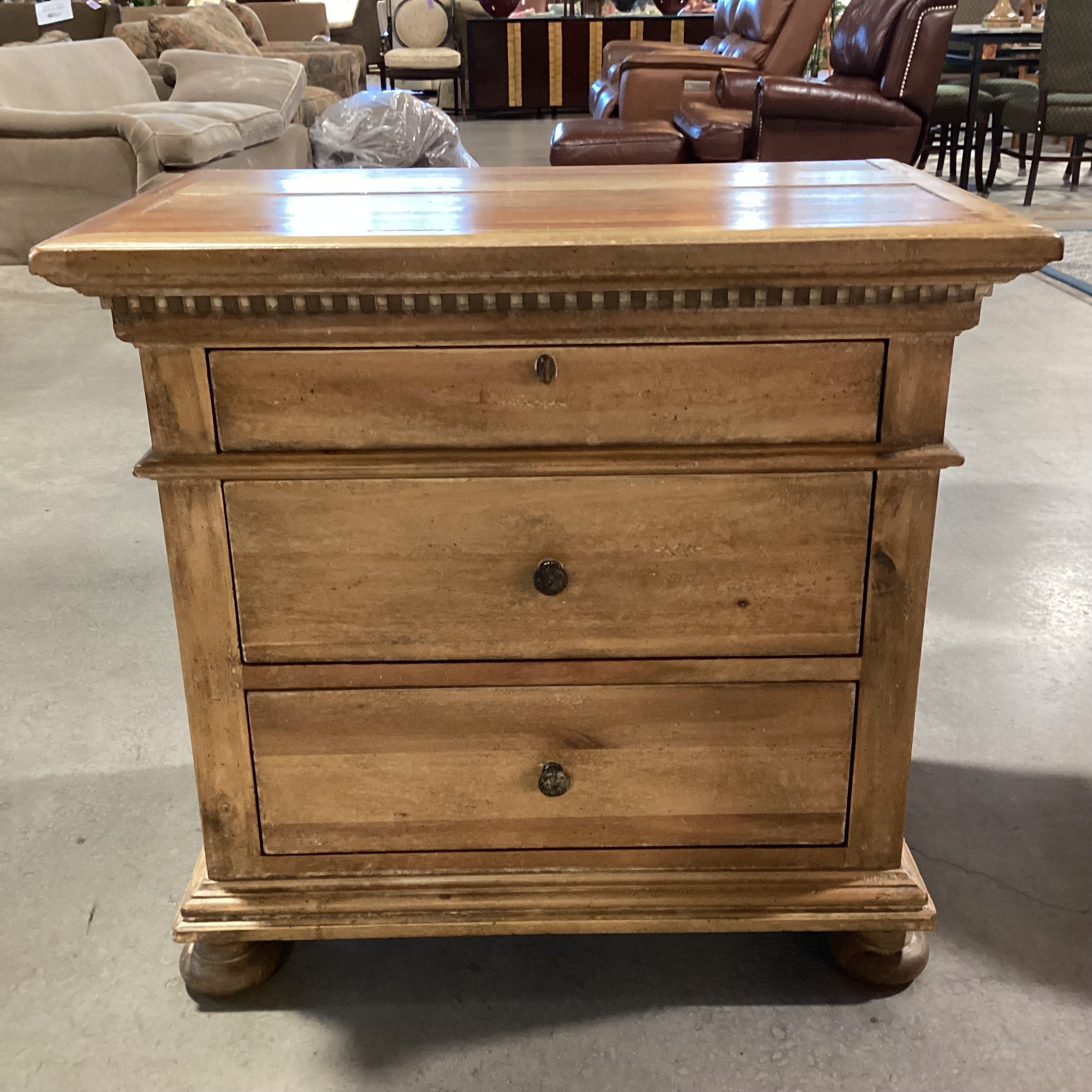 Restoration Hardware St James Natural Distressed Carved Wood 3 Drawer Night Stand 32"x 19.5"x 30"