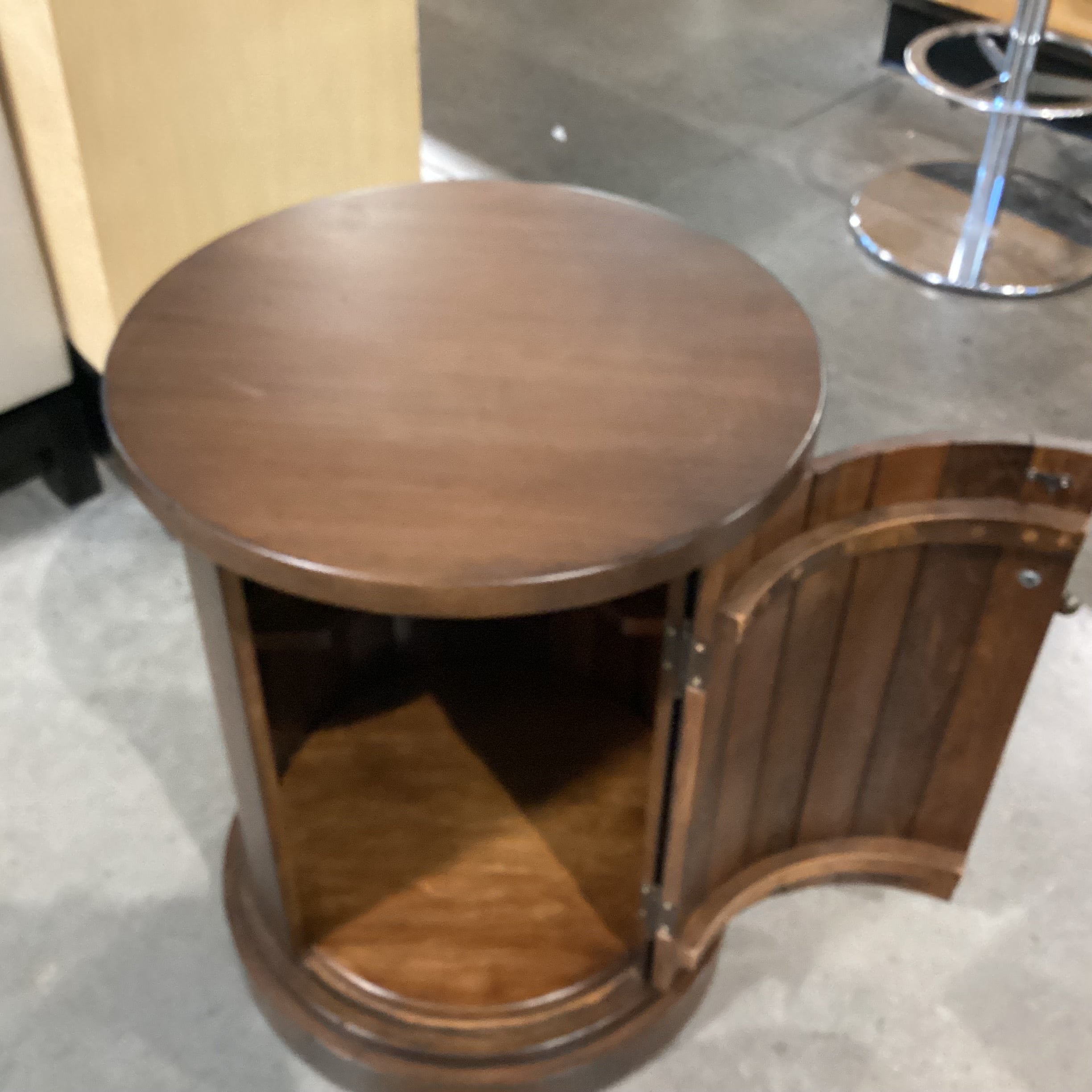 Dark Finish Column Round 1 Door Cabinet End Table 20" DIameter x 26"