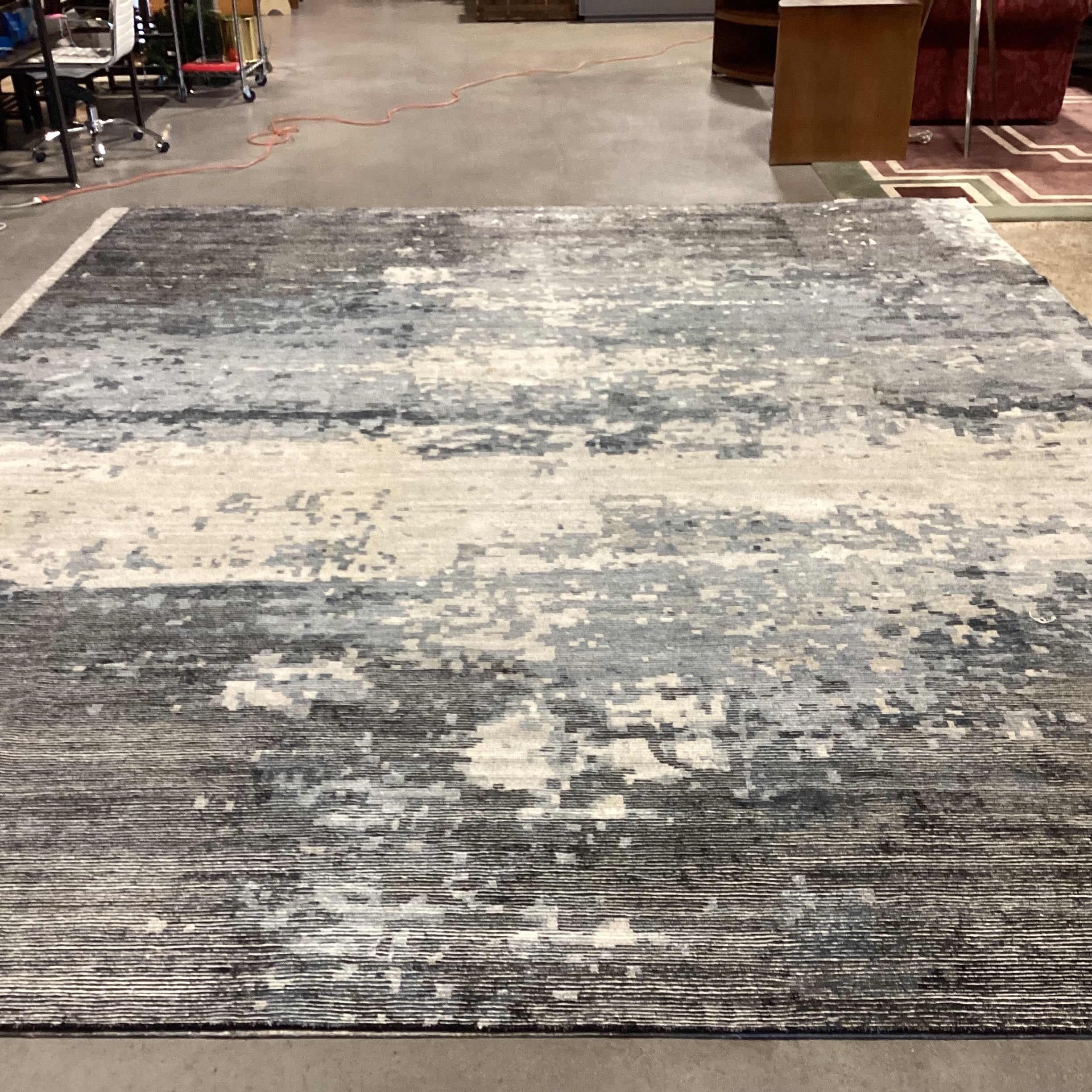 Ivory Blues Greys & Black Multi Handwoven Wool & Viscose or Chenille Rug 12' x 15'