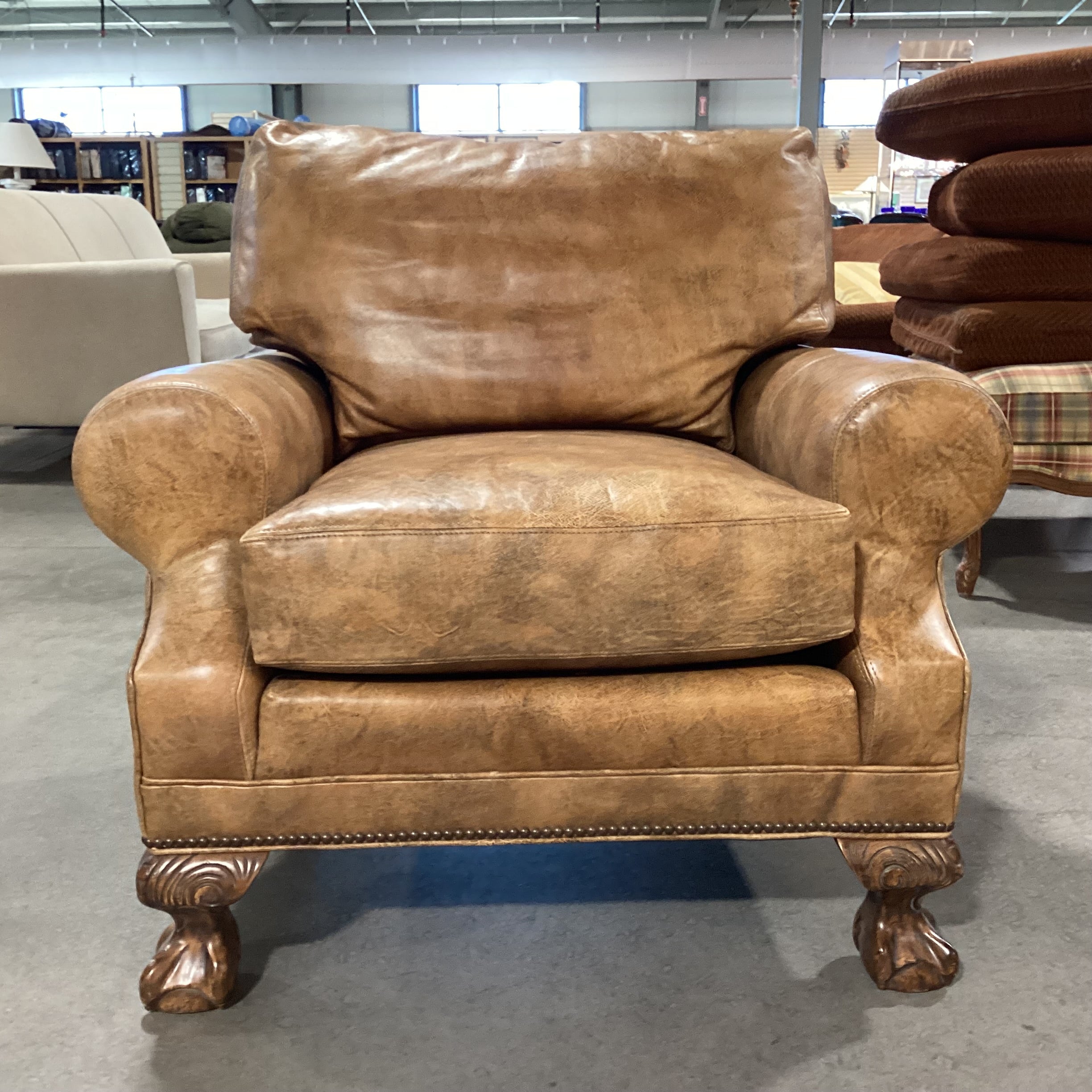 Stanford Furniture Distressed Golden Brown Leather Nailhead & Carved Feet Chair 37"x 36"x 32"