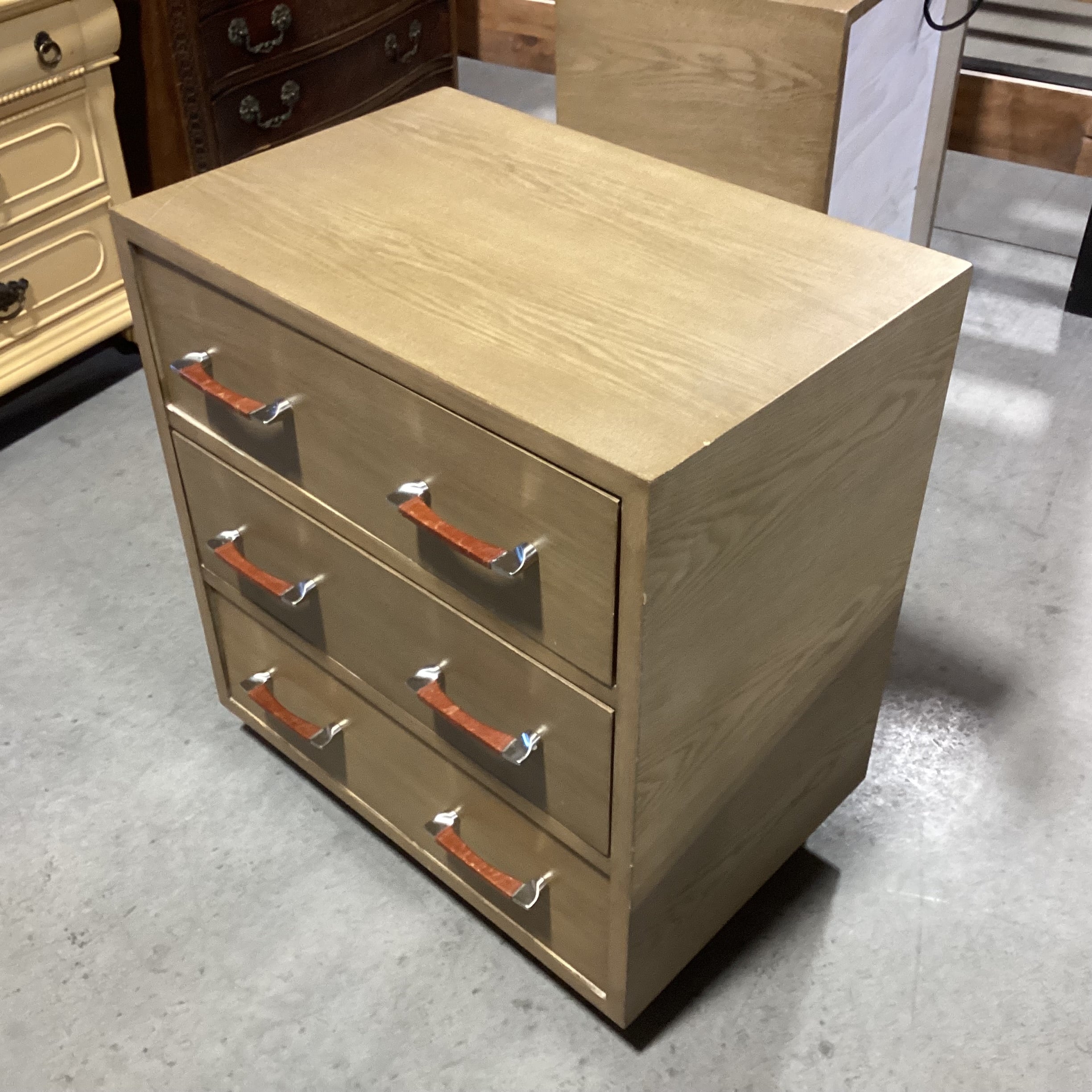 Bryan Ashley Light Finish Oak With Nickel & Leather Pulls 3 Drawer Nightstand 27"x 19.5"x 30"