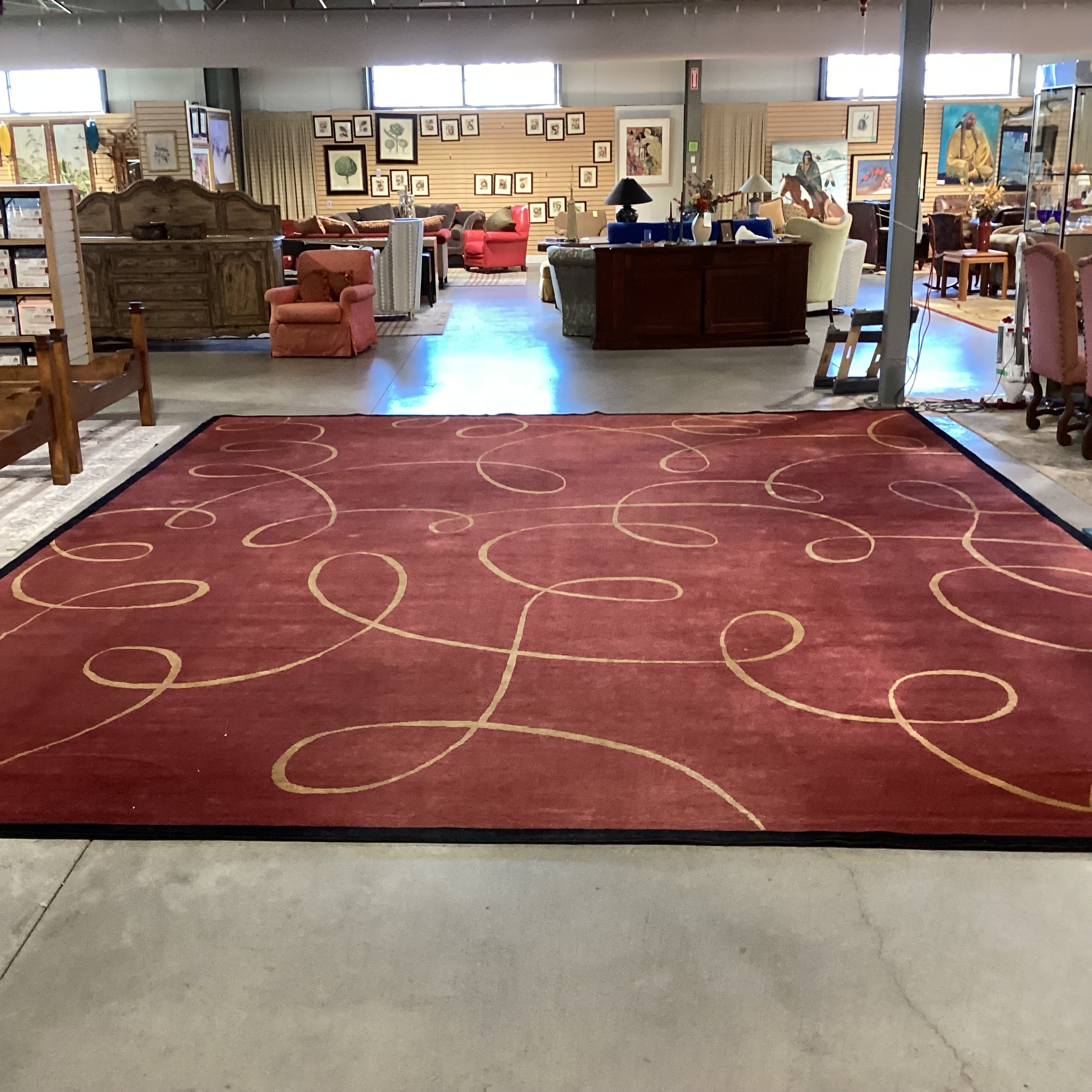 Rust Red & Gold Ribbon Hand Knotted Hand Spun Wool Custom Made in Nepal Rug 16'x 19'5"