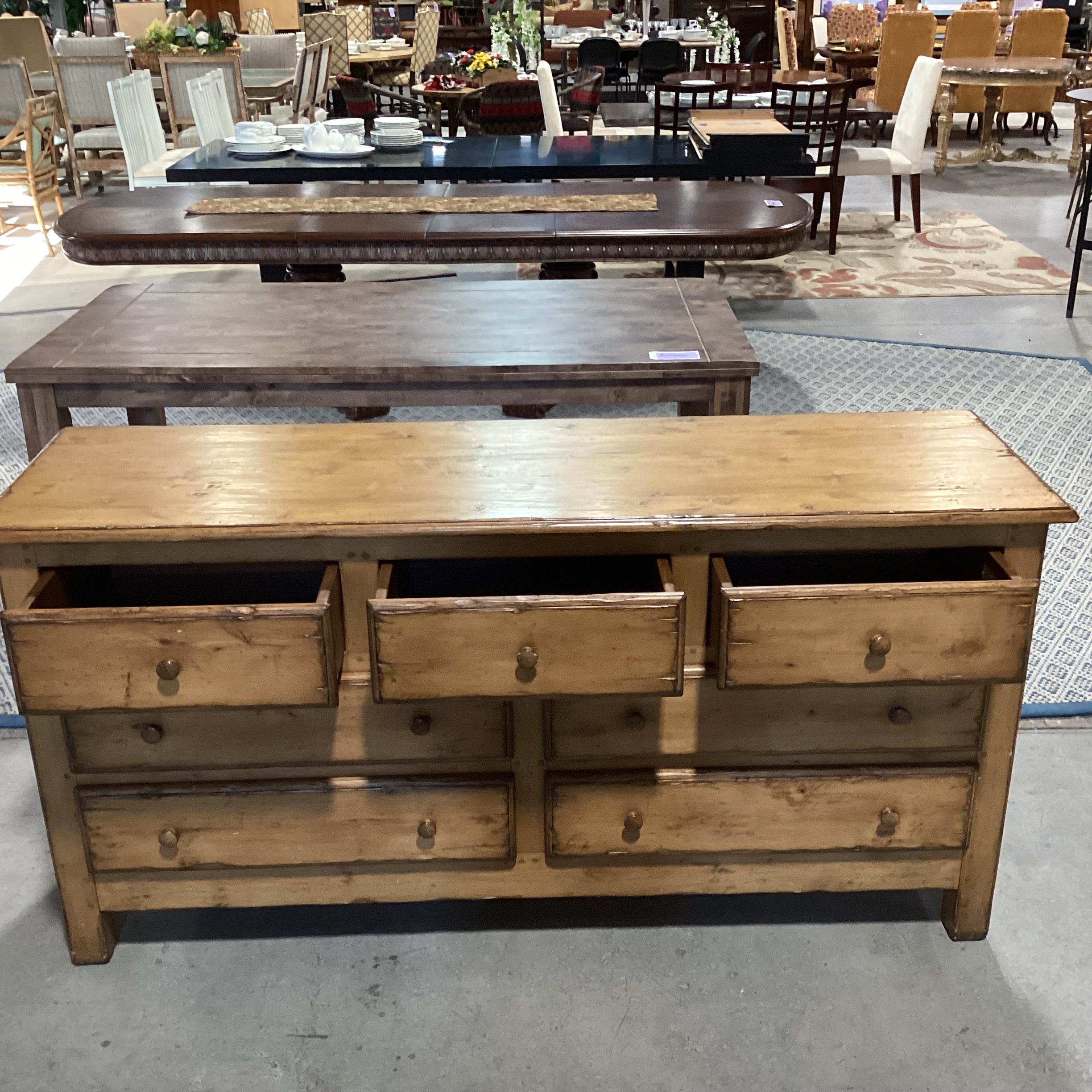 Woodland Furniture Distressed Finish Solid Wood 7 Drawer Dresser 68"x 20"x 34"