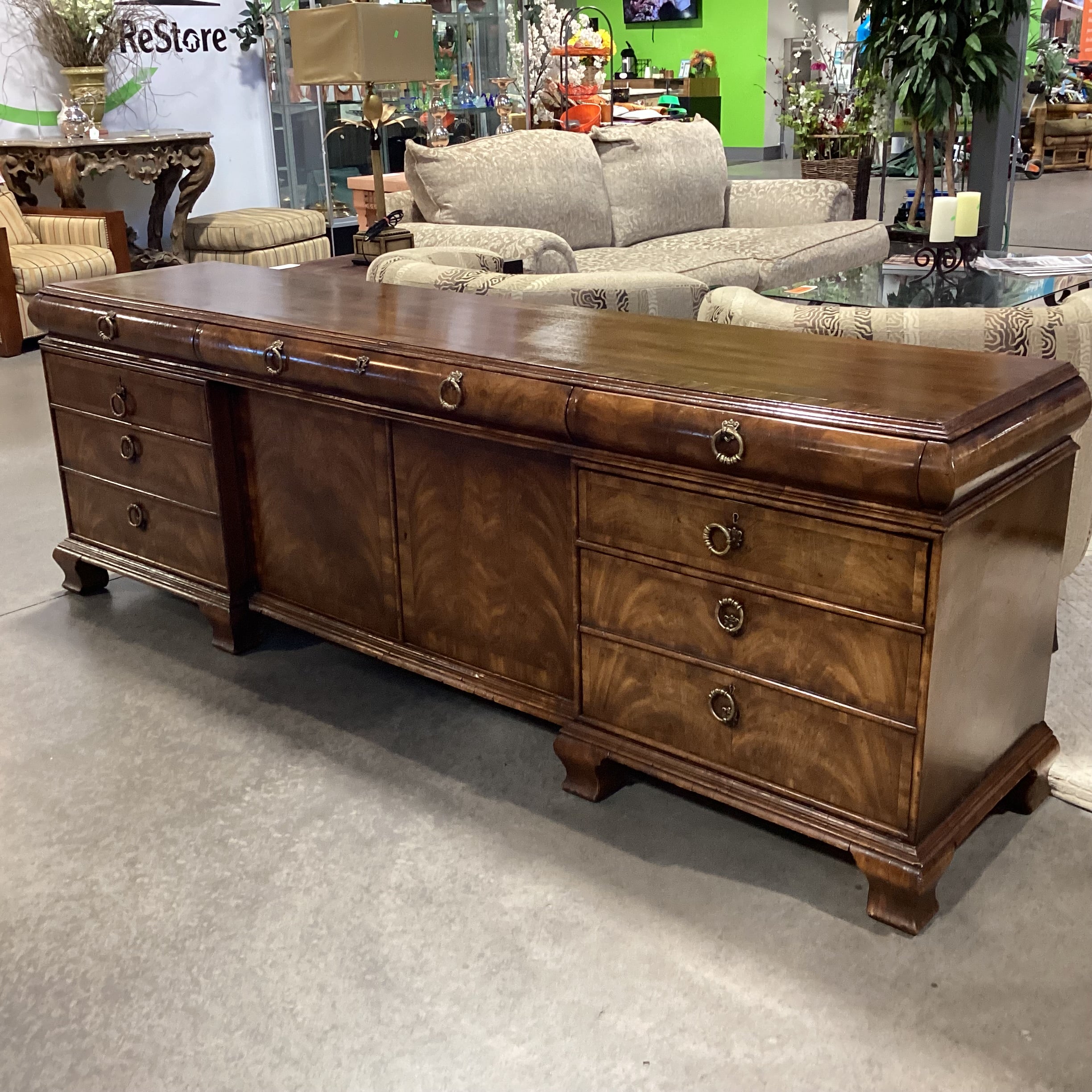 Alfonso Marina Ebanista Delaware Antiqued Primavera Wood & Brass 7 Drawer 2 Door Credenza 91.5"x 21"x 30.5"