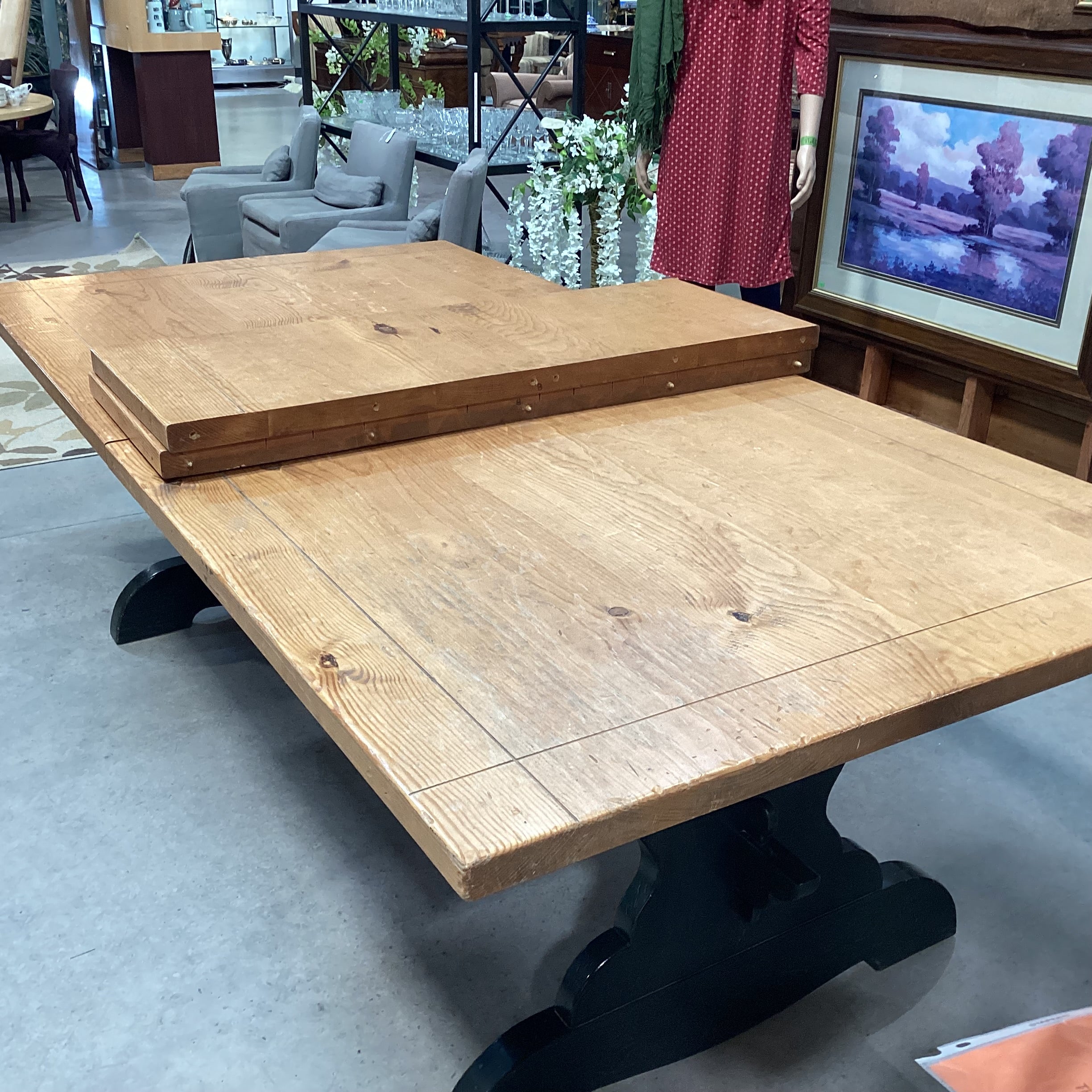 Solid Natural & Dark Green Wood Farmhouse Style with Trestle & 2 Leaves Dining Table 96" to 132"x 47.5"x 31"