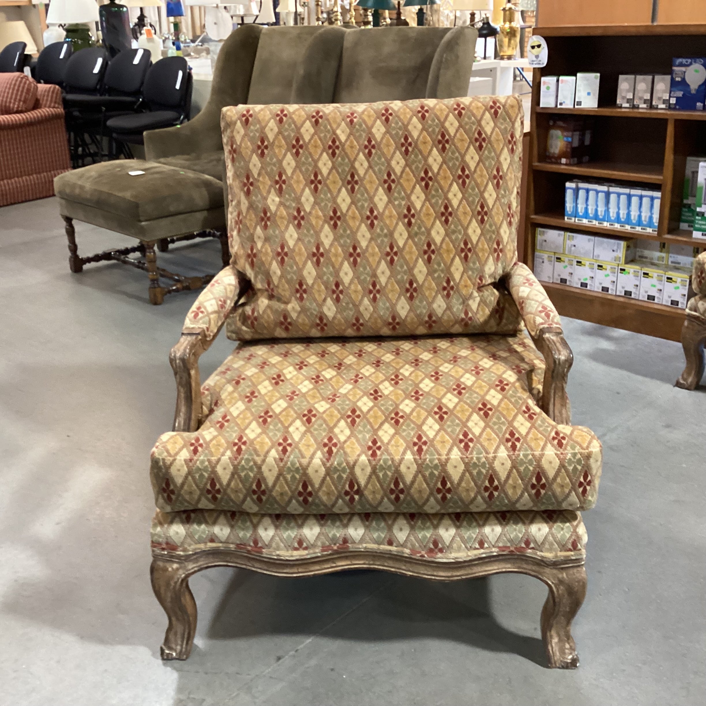 Kreiss Collection Gold Rust Sage Raised Chenille Diamond Pattern & Antiqued Finish Carved Wood Chair 34"x 36"x 40"