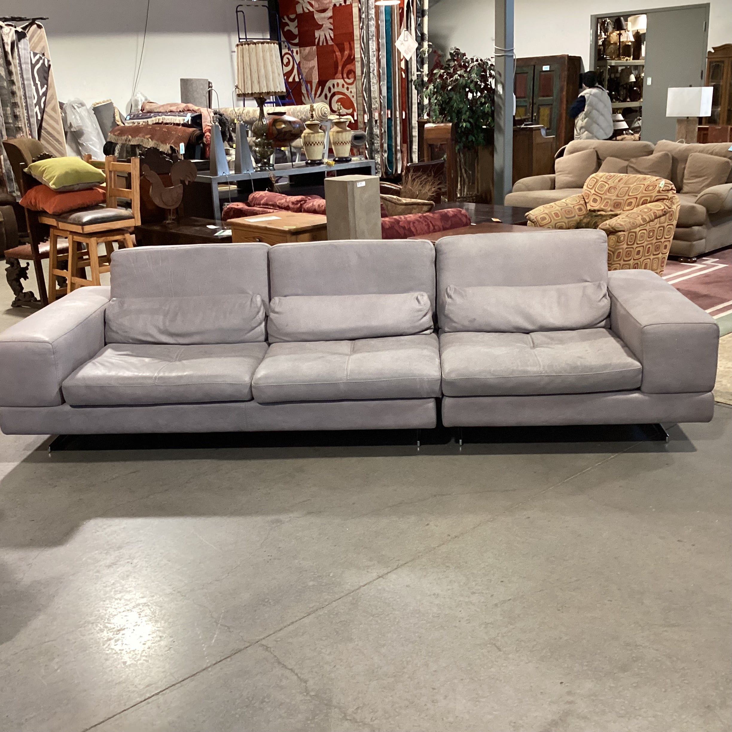 Max Davani Italian Grey Leather 2 Piece Long Sofa Sectional 126"x 44"x 35"