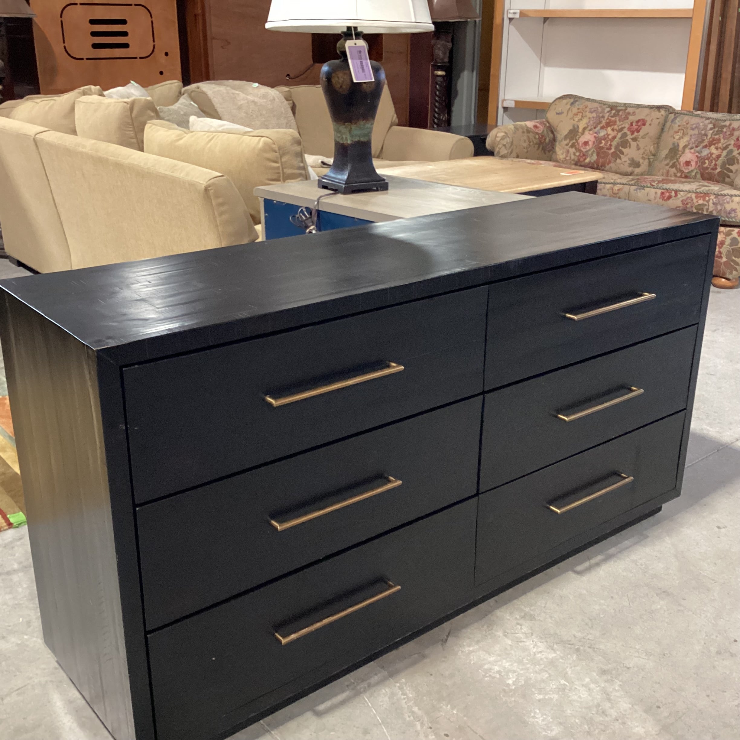 Four Hands Burnished Black Acacia Wood Antiqued Brass Rod Pulls 6 Drawer Suki Dresser 60"x 18"x 31.5"