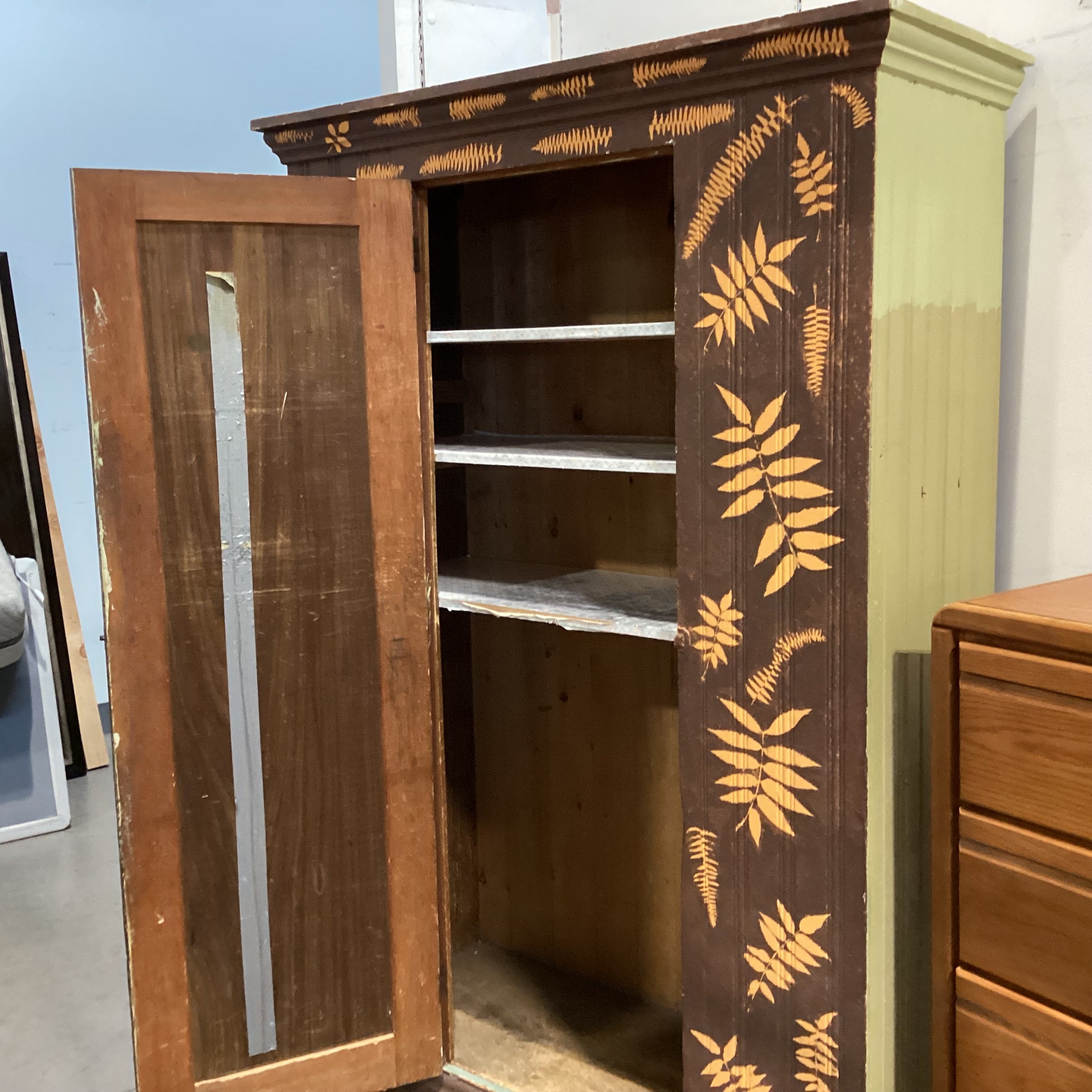 Antique Wood with Painted Orange Leaf Design Wardrobe Armoire 53"x 20"x 81"