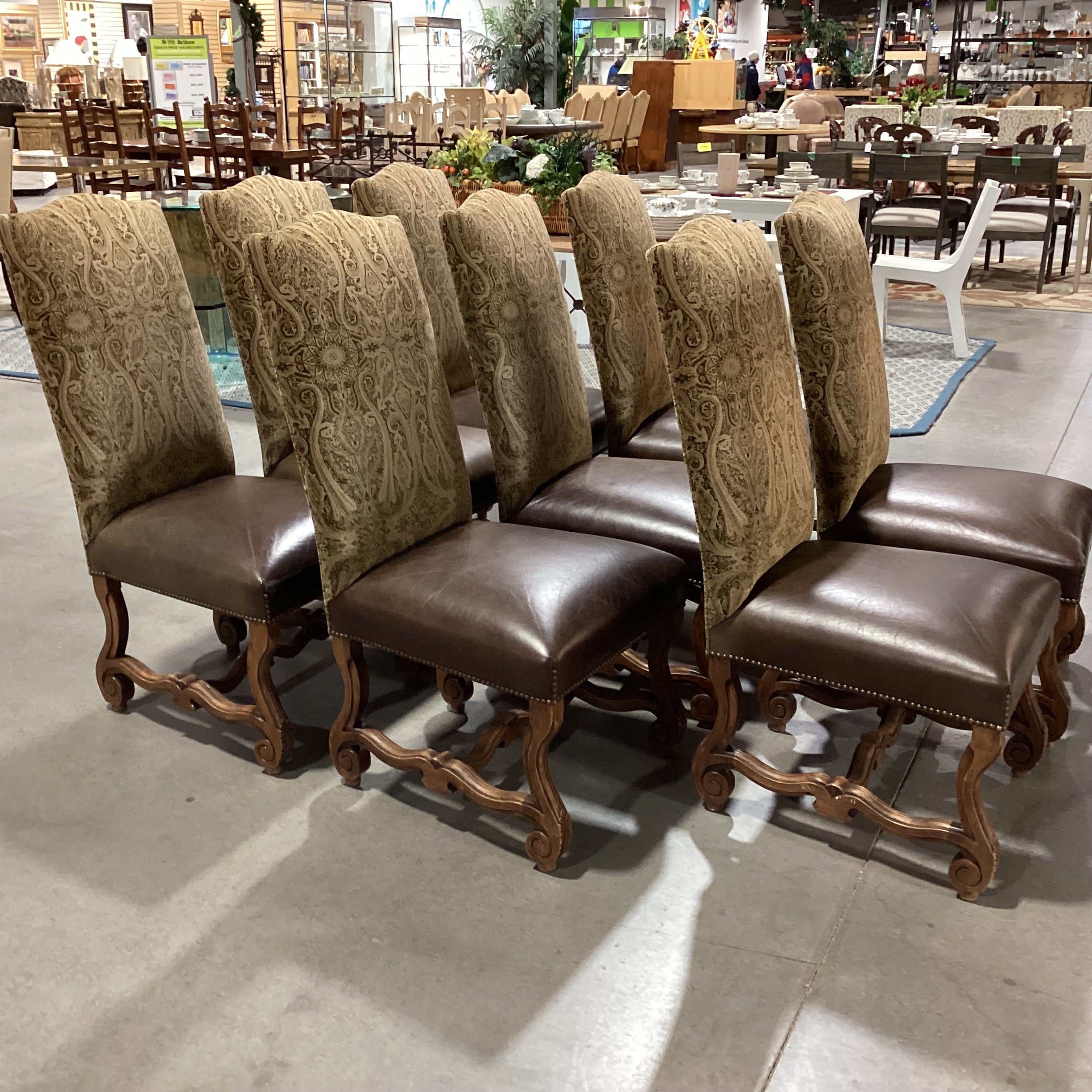 SET of 8 Ornate Carved Wood Leather Nailhead & Paisley Velvet Dining Chairs 22"x 24"x 44.5"