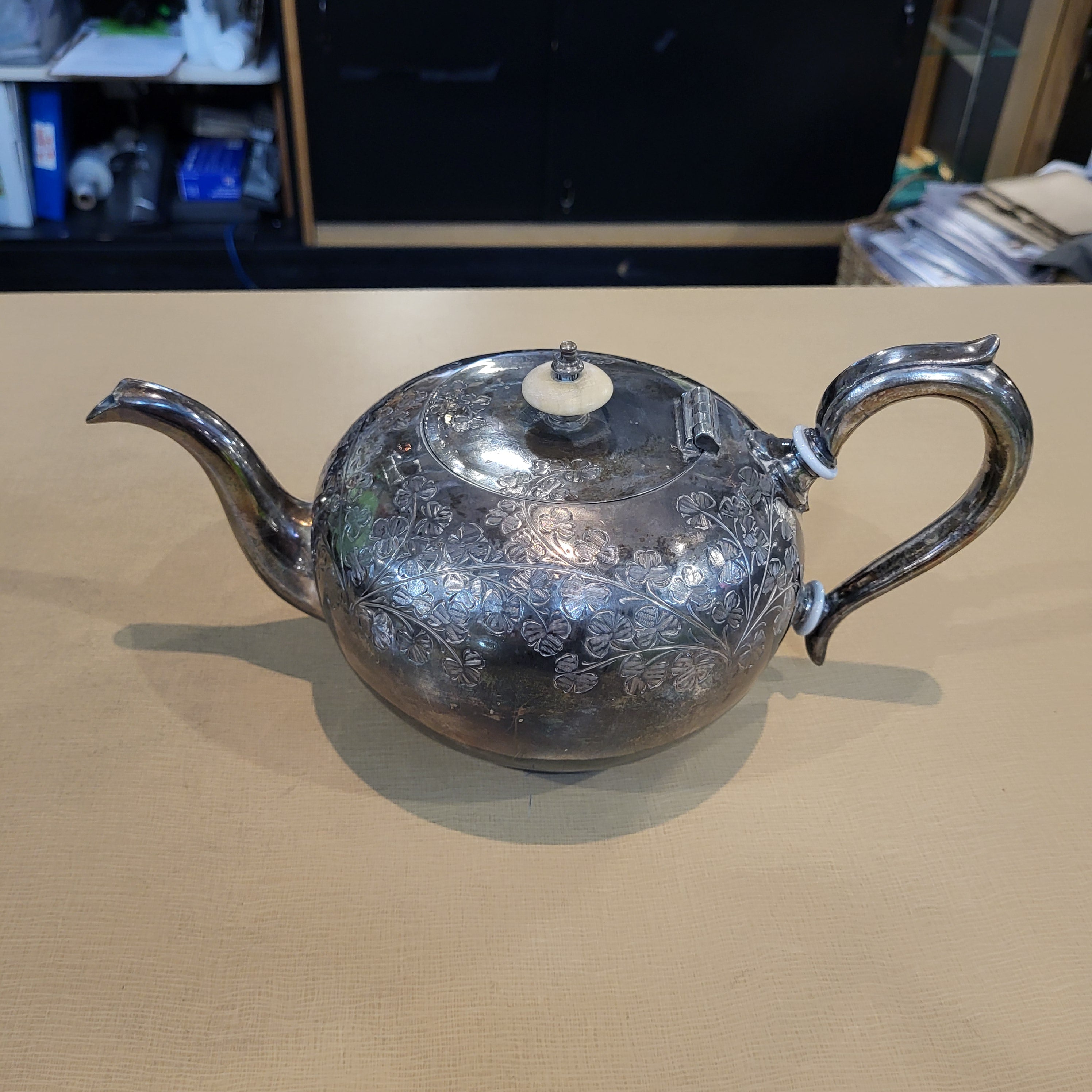 Set of 3 Pcs. Antique British Silverplated Etched Clovers Tea Set