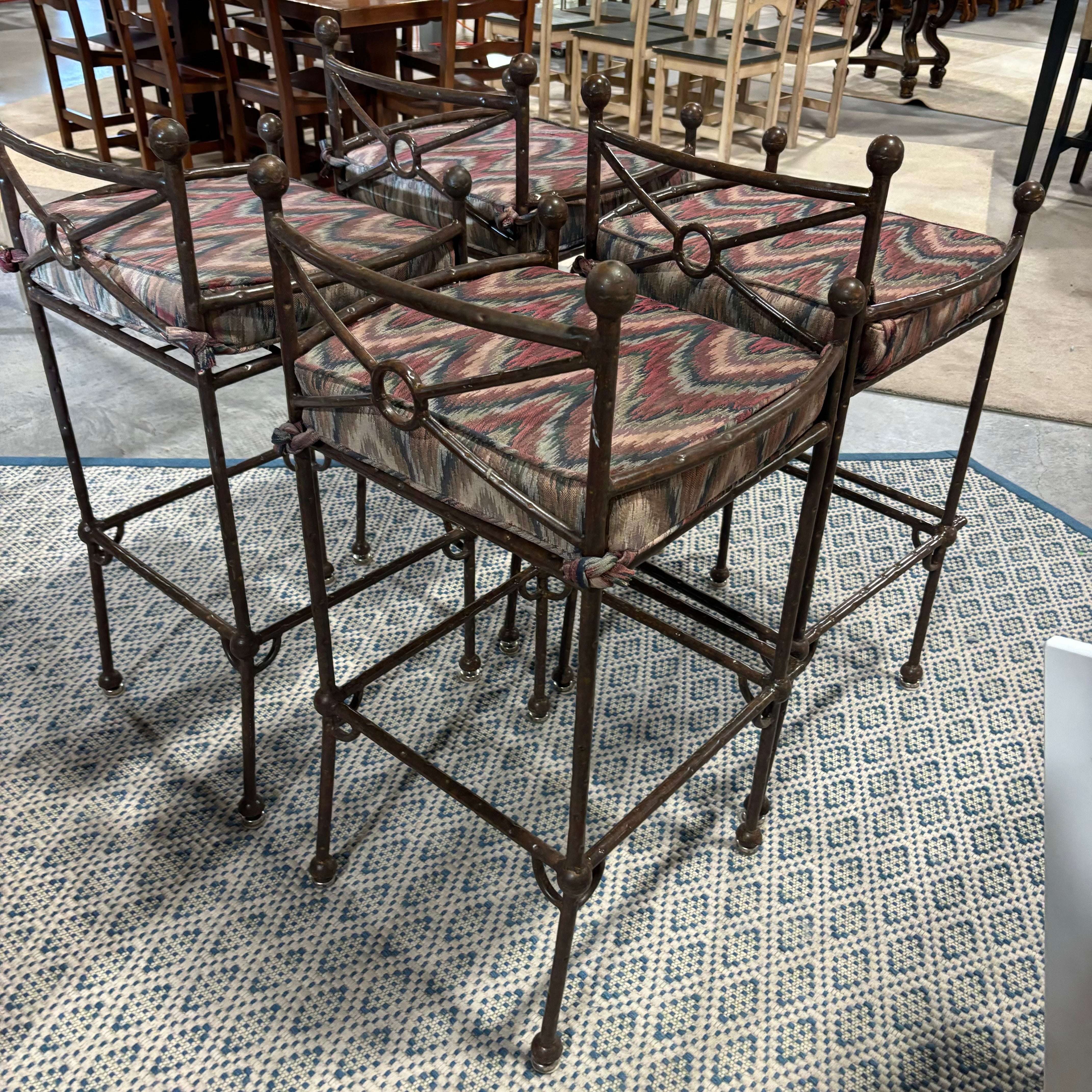SET of 4 Rustic Metal with Multi Color Cloth Seat Barstools 33"