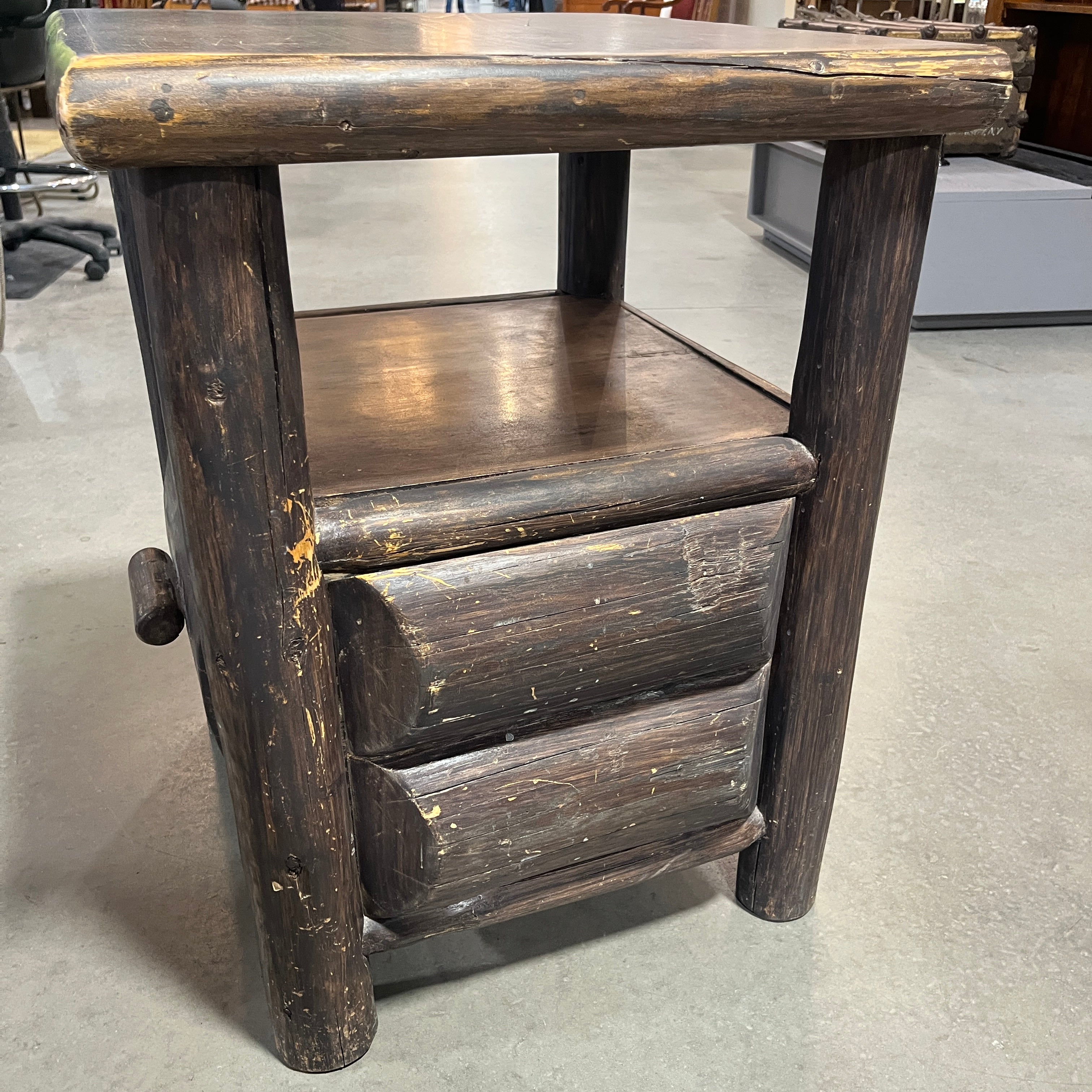 Rustic Distressed Dark Stain Cedar Log 1 Drawer End Table 24"x 22"x 30"