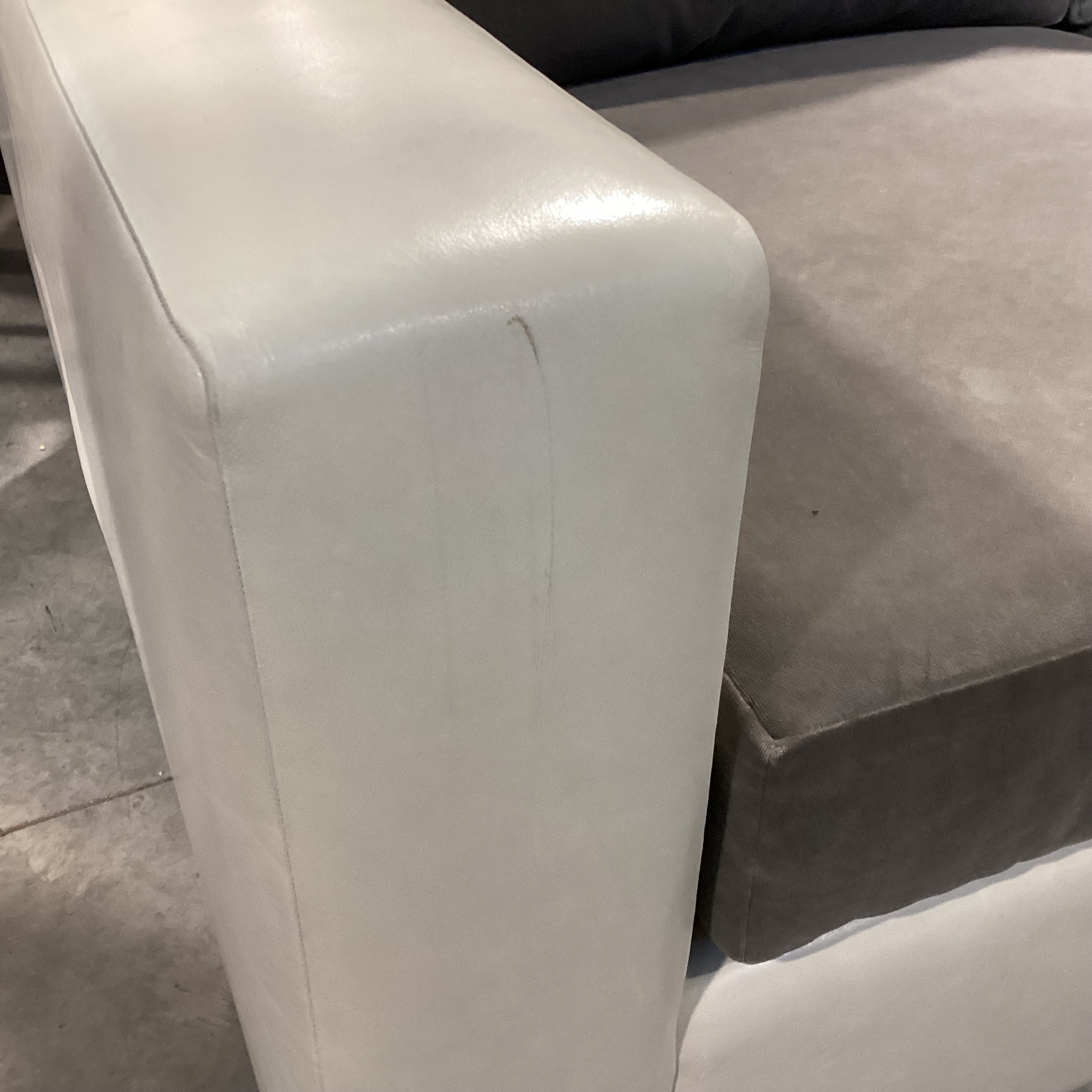 Custom Grey Velvet & Cream Leather Track Arm Down Mix Sofa 96"x 42"x 30"