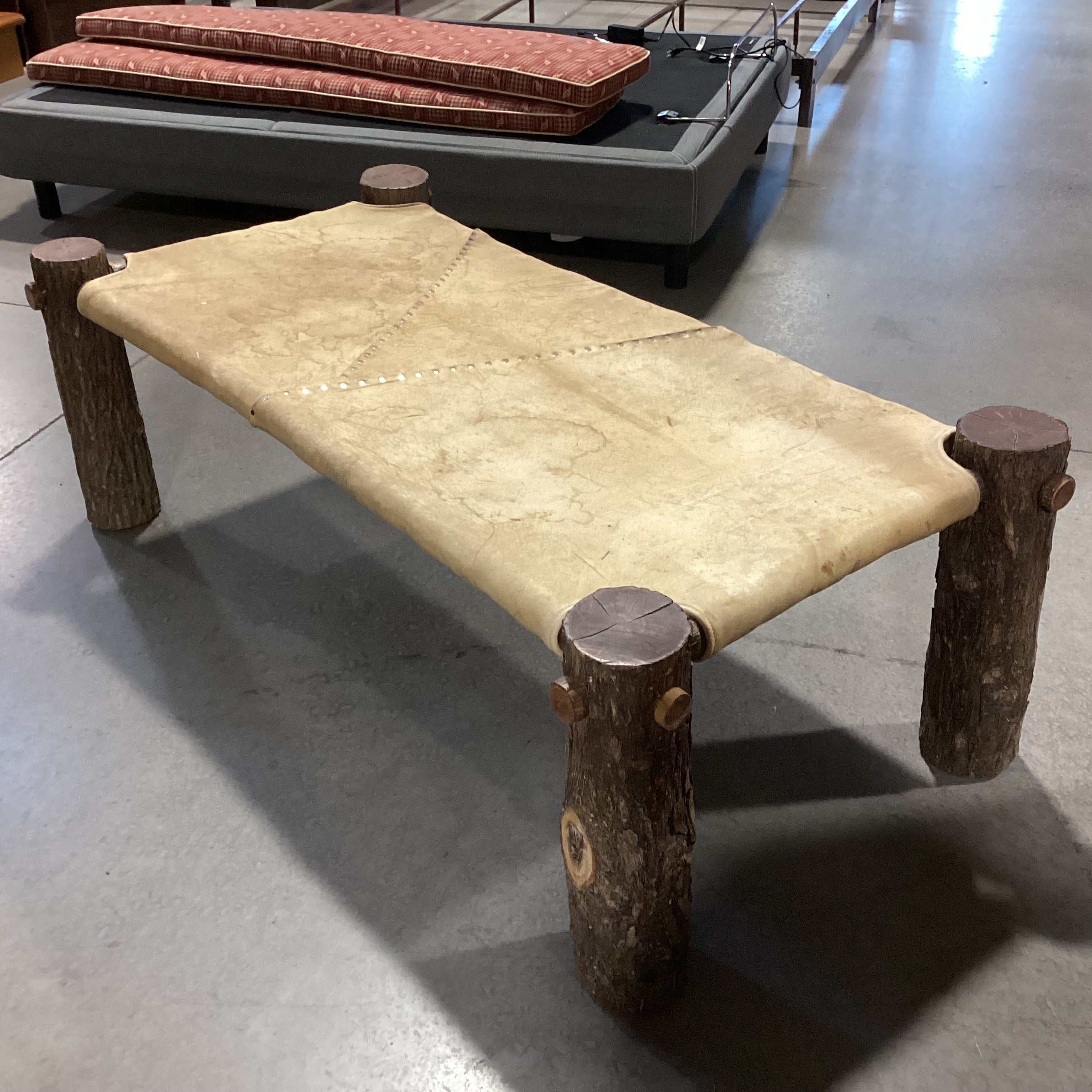 Rustic Log & Leather Nailhead Bench Ottoman 60"x 32"x 20"
