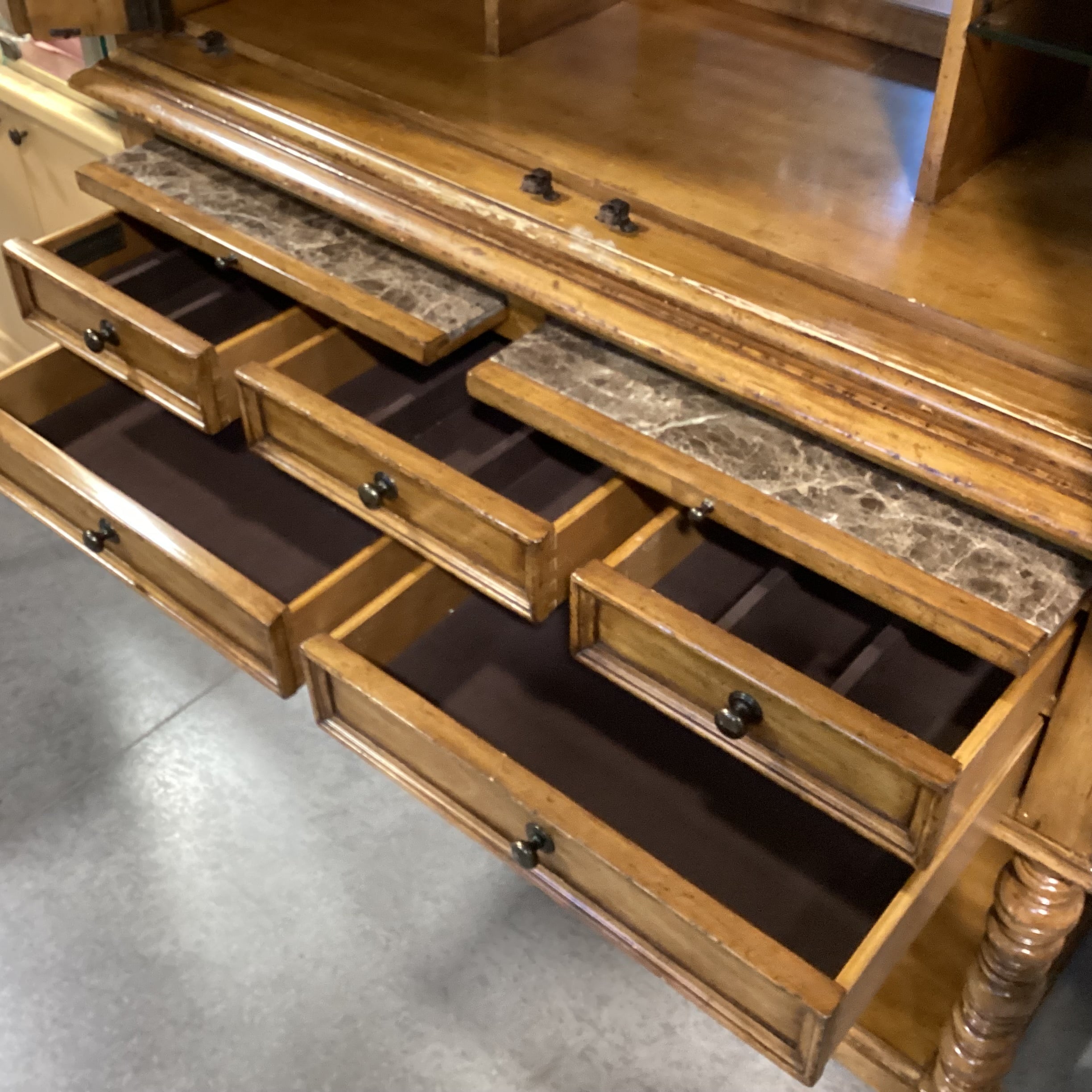 Lexington Distressed Finish Wood 5 Drawer 2 Pullouts with Bar Cabinet 2 Piece Hutch 56"x 25"x 89"