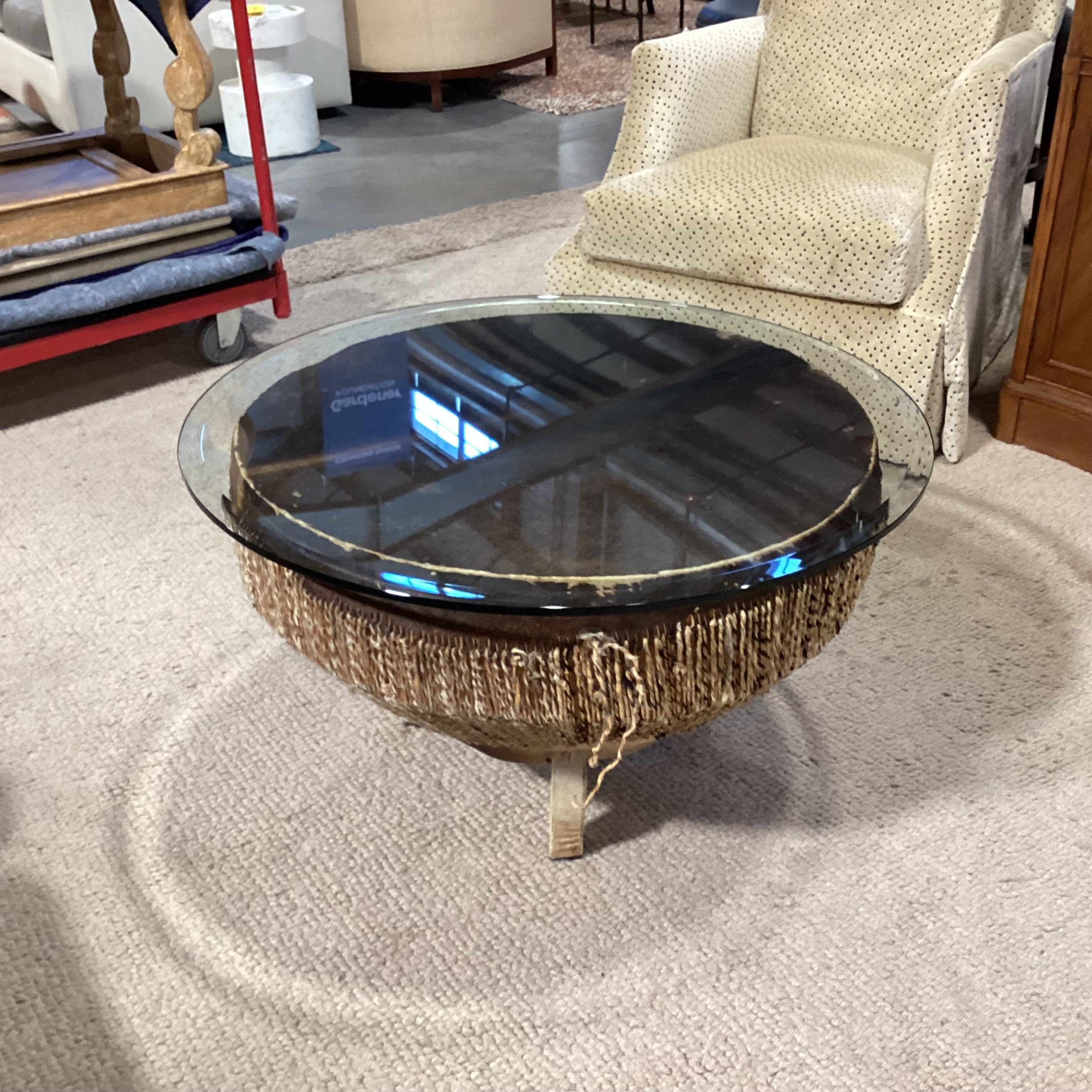 Vintage African Tribal Drum with Hide & Glass Top Coffee Table 34" Diameter x 20"