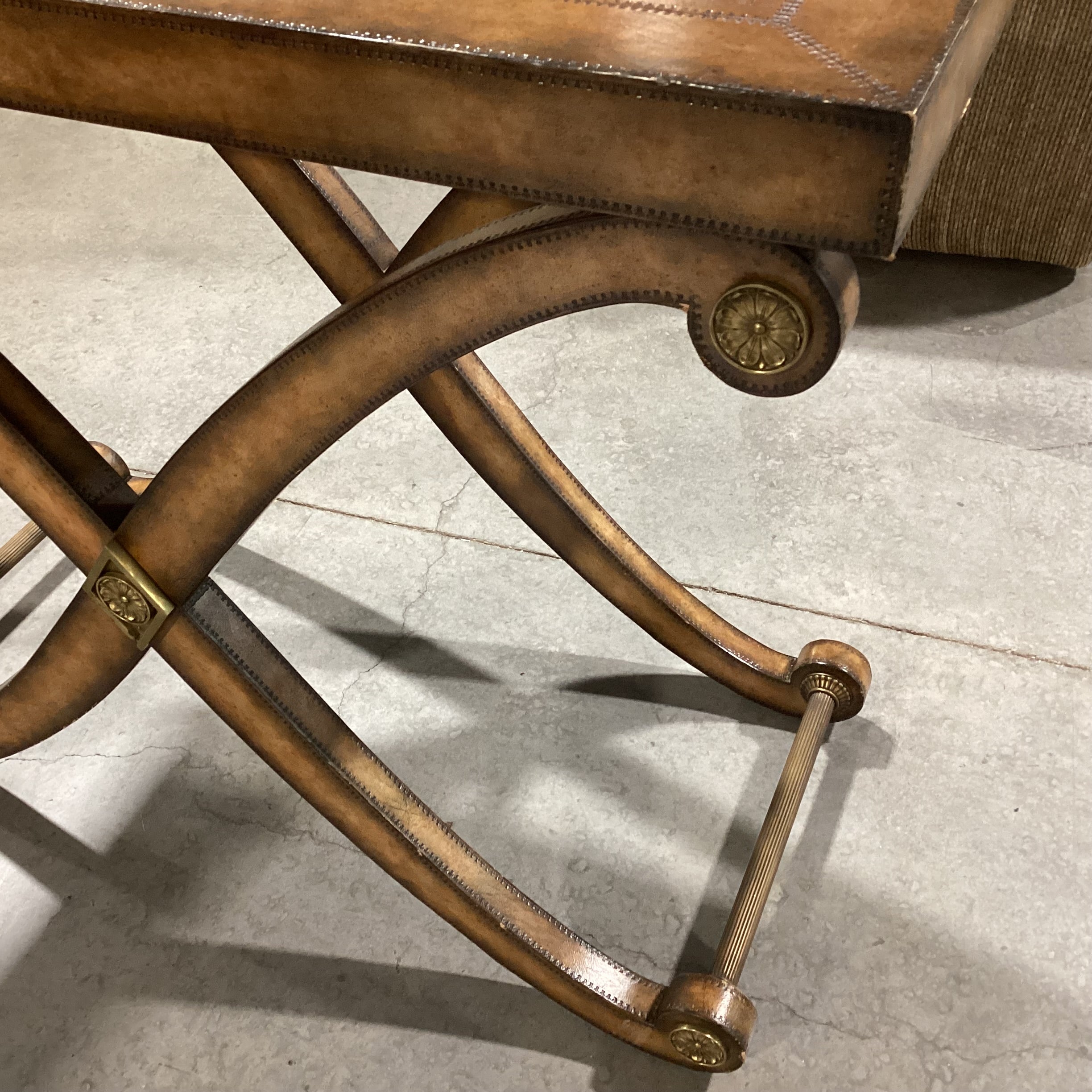 Kreiss Neoclassical Leather with Stitched Accent & X Base Antiqued Brass Stretches Console Sofa Table 40"x 18"x 32.5"