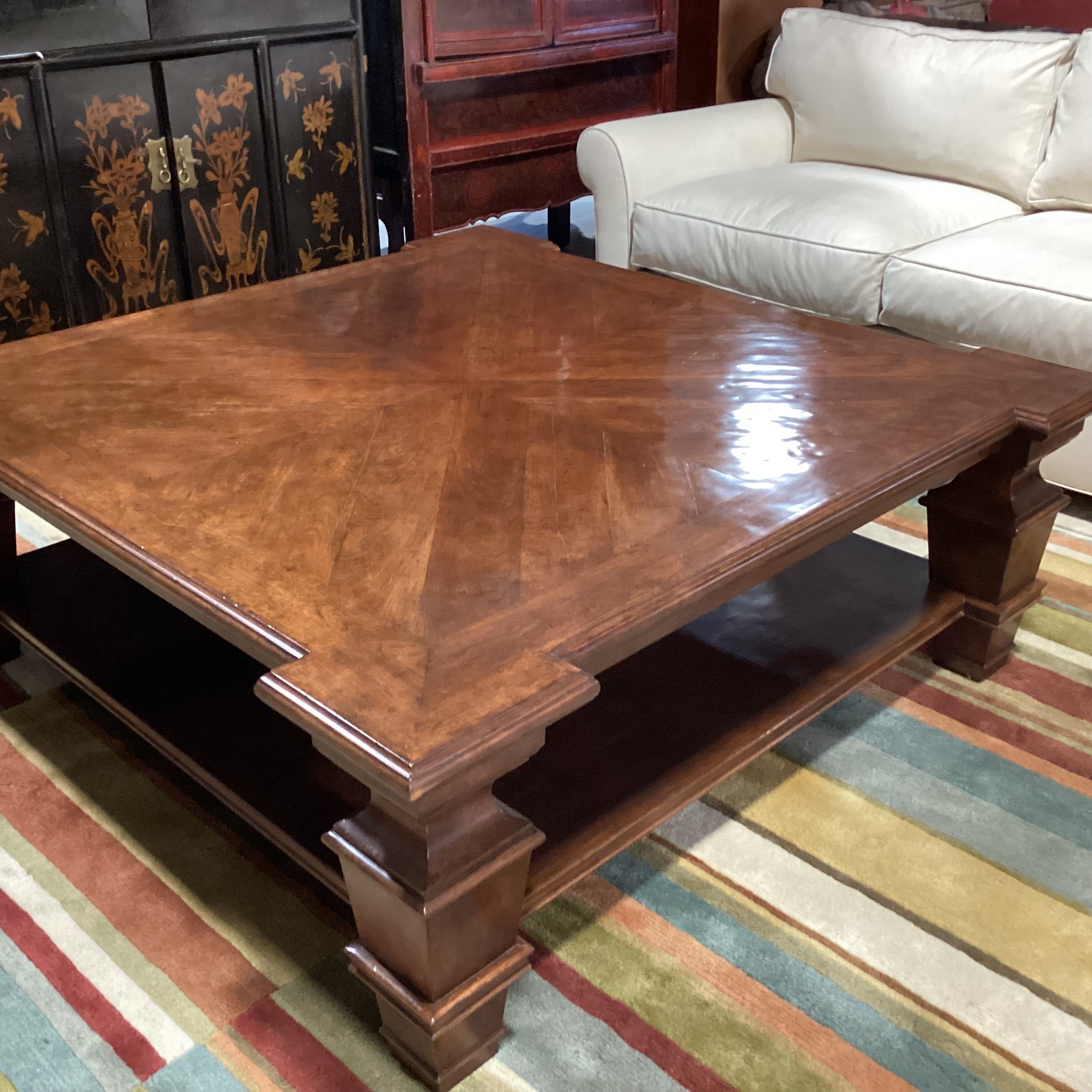 Carved Wood with Dark Lacquered Distressed Finish Matched Inset & Bottom Shelf Coffee Table 60"x 60"x 21"
