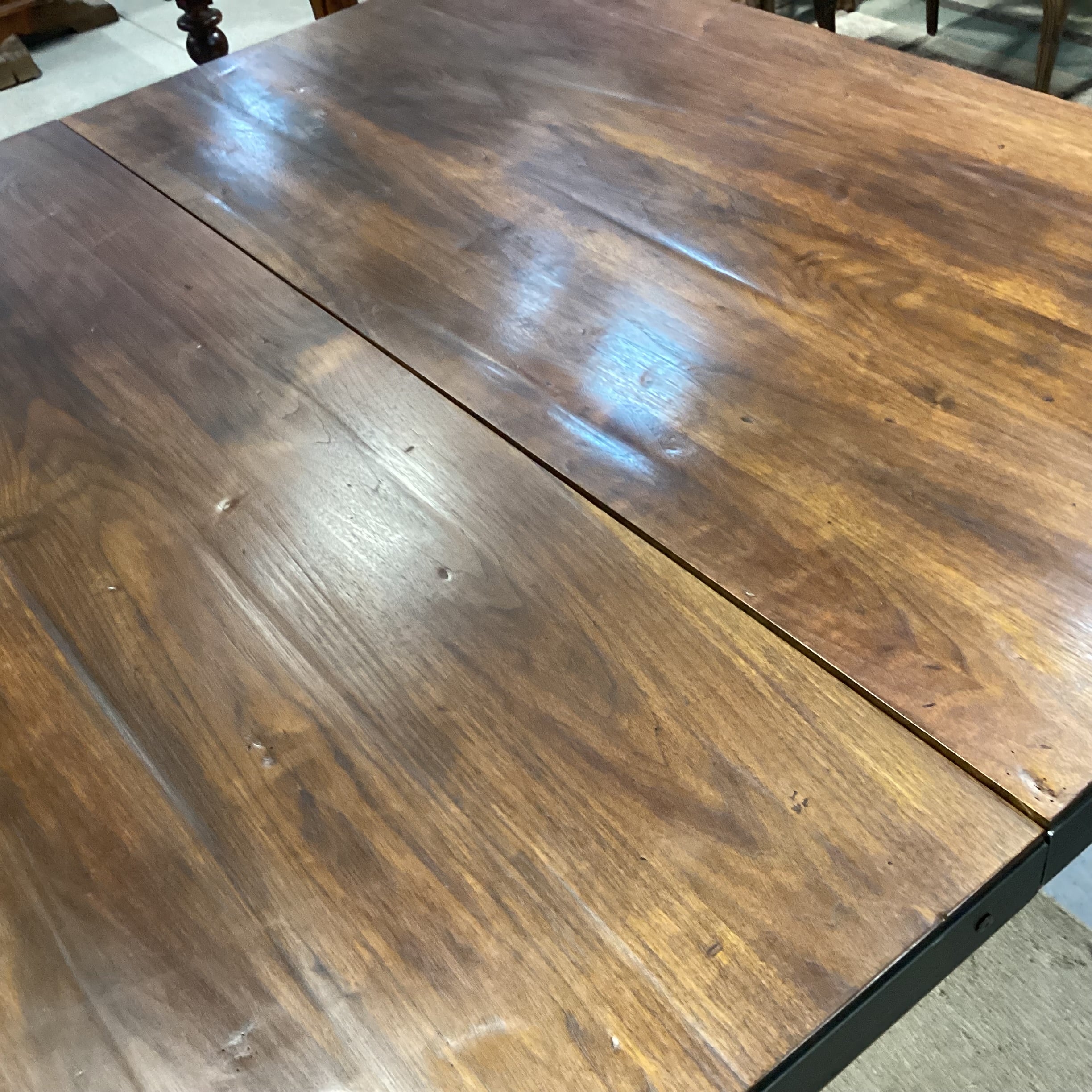 Custom Walnut & Iron Nailhead Edge with Pedestal Dining Table 60"x 60"x 30.5"