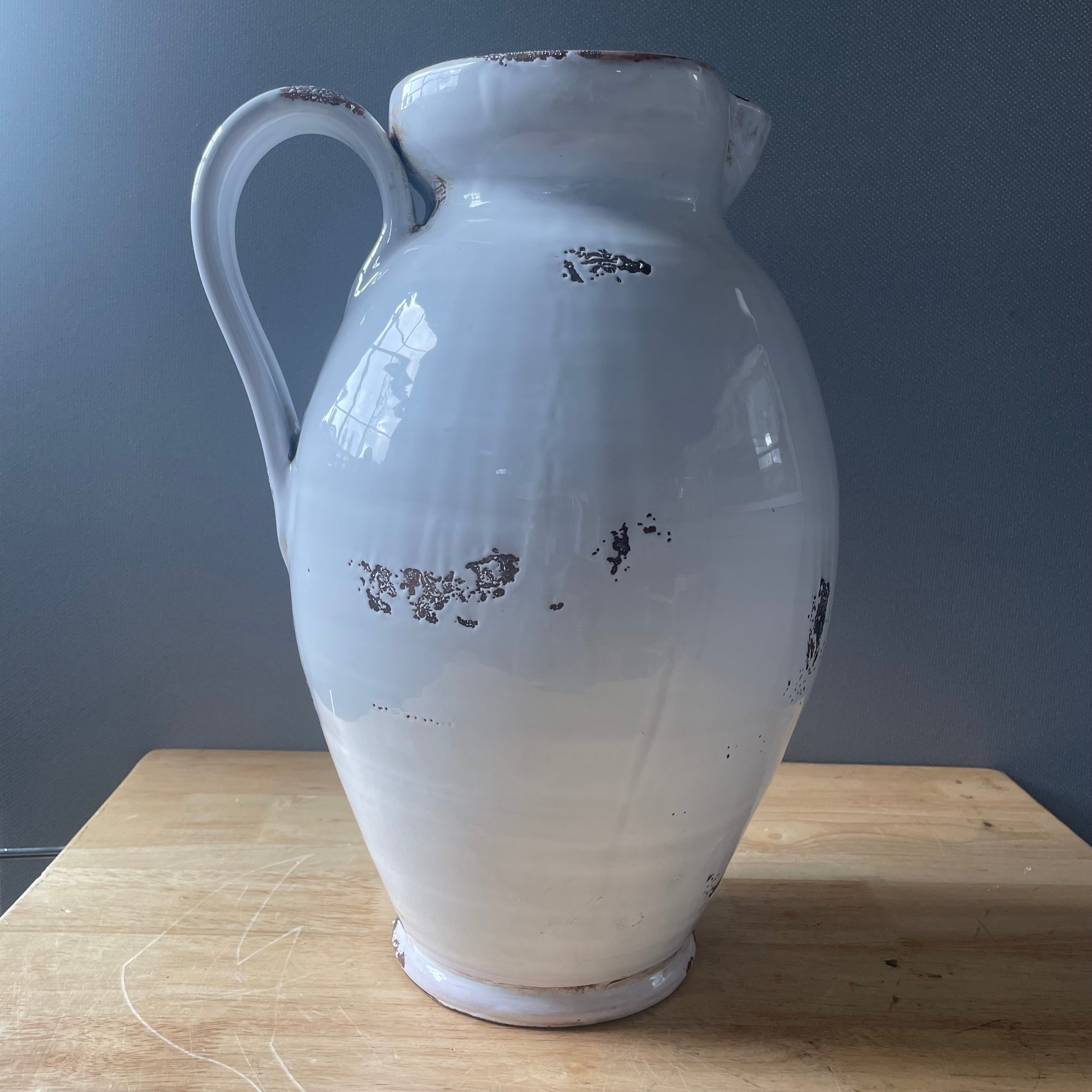Alessandro Taddei Signed Fortunata Distressed White Glazed Ceramic Pitcher, 11"x 15.5"