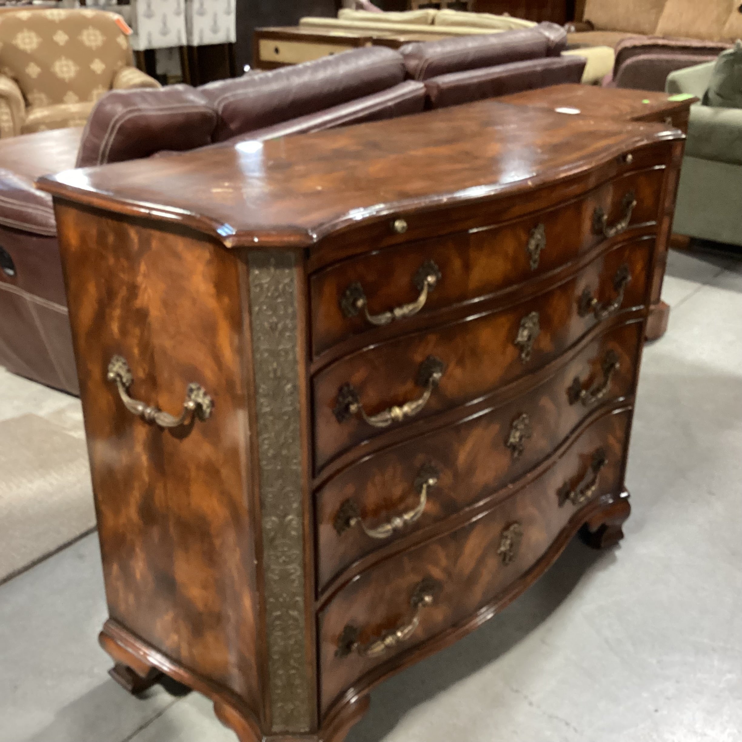Theodore Alexander Flamed Mahogany Veneer & Carved Wood Ornate Brass Accent 4 Drawer with Leather Top Pullout Chest 43"x 20"x 36"