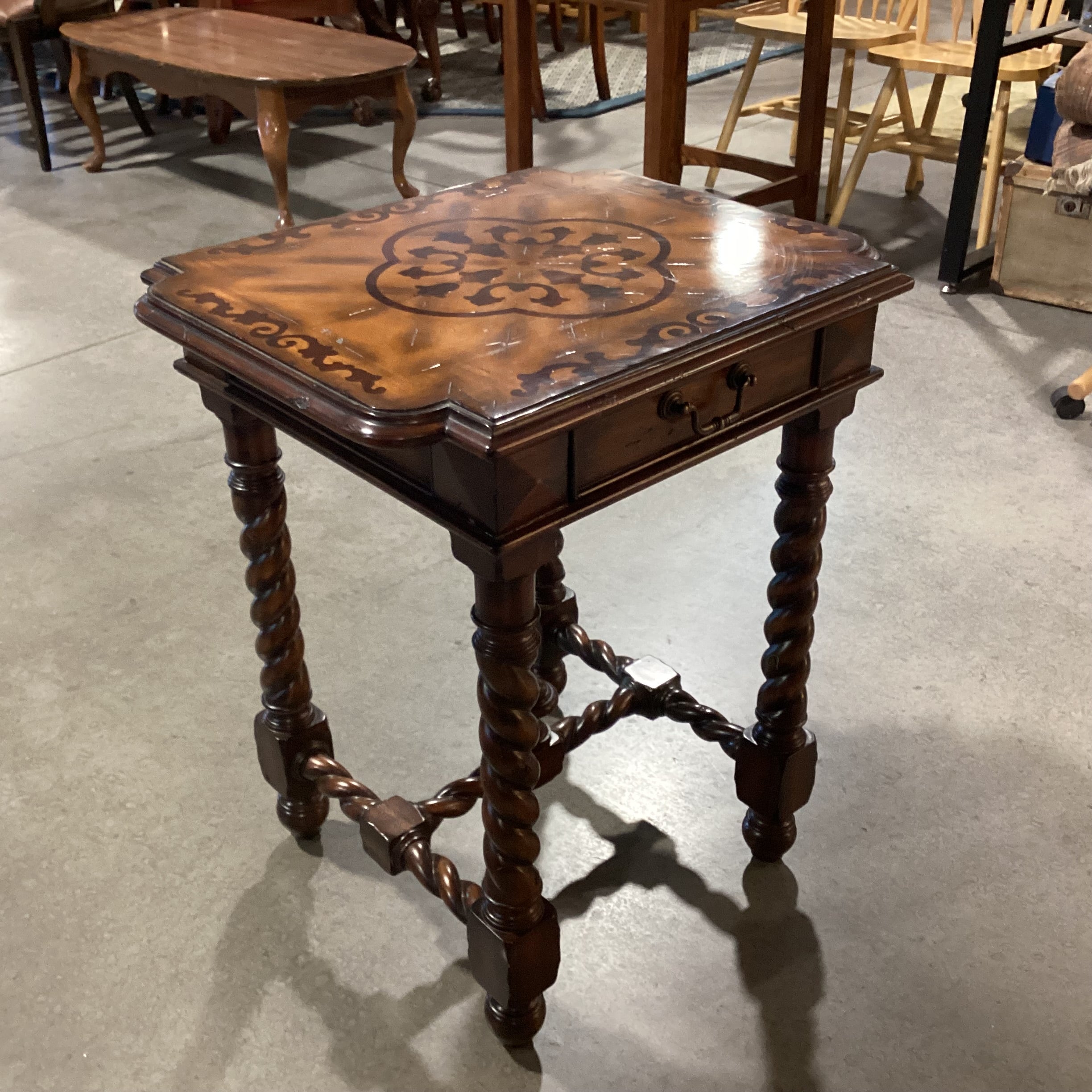 Maitland Smith Ornate Carved Spiral Leg & Trestle with Inlay & Drawer Accent Table 24.5x 20.5x 28.5"