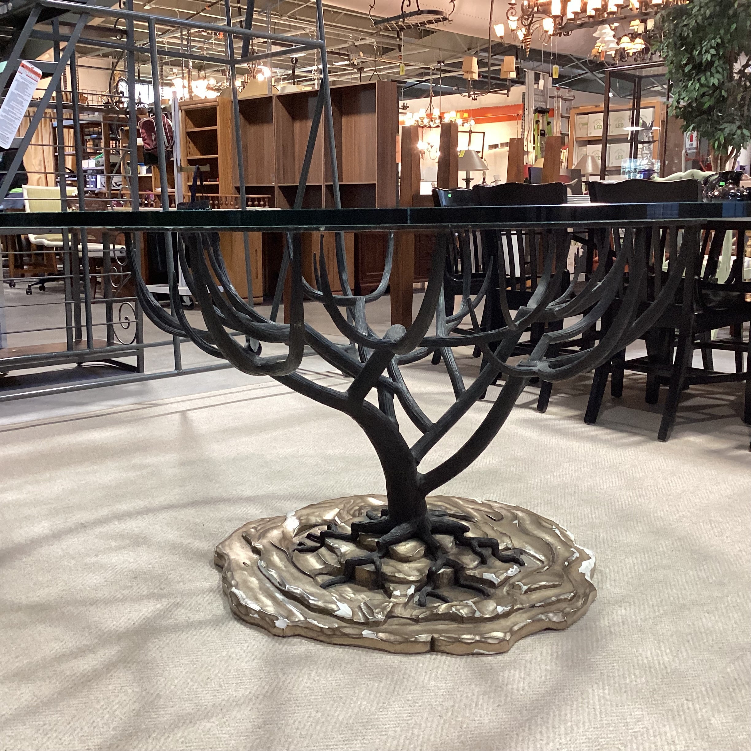 Custom Iron Tree Base with Round Bubbled Glass Dining Table 72" Diameter x 31"