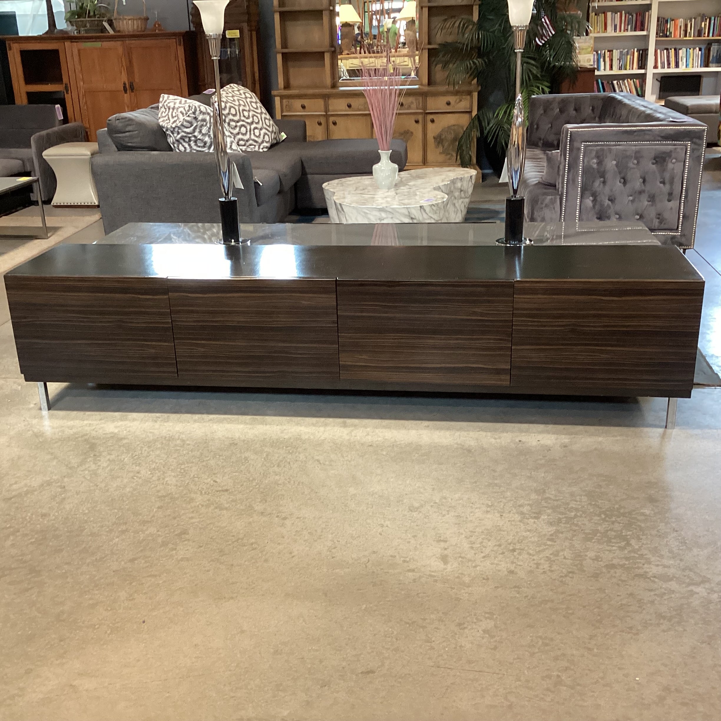 Modern Lacquered Macassar Ebony Veneer 4 Door Console Credenza 94"x 18.5"x 21.5"