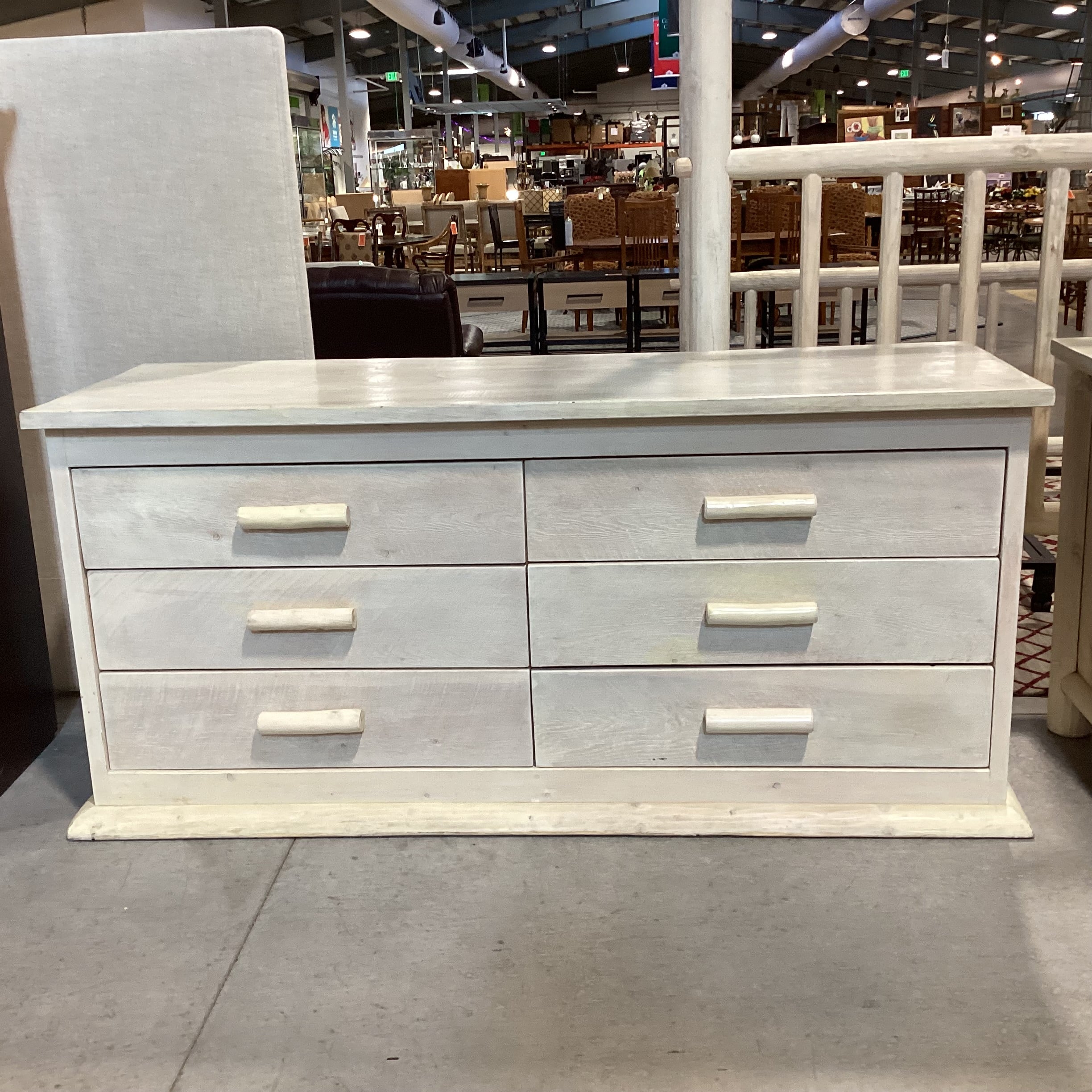 Cream Washed Wood & Log Custom 6 Drawer Dresser 80"x 27"x 37.5"