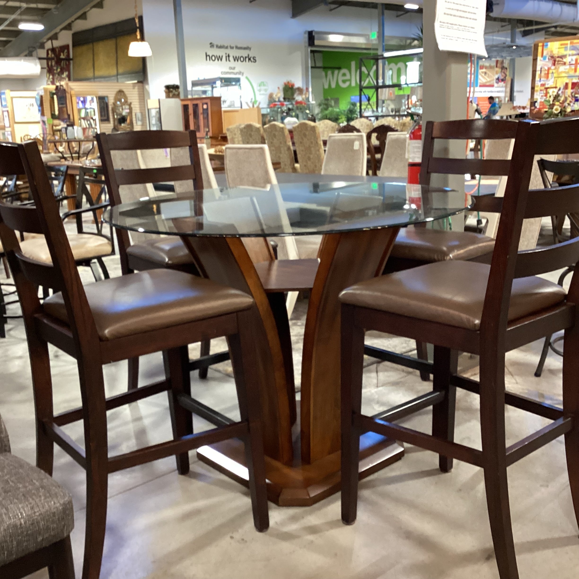 Wood & Glass Table with 4 Wood & Leather Barstools Dining Set 48" Diameter x 36"
