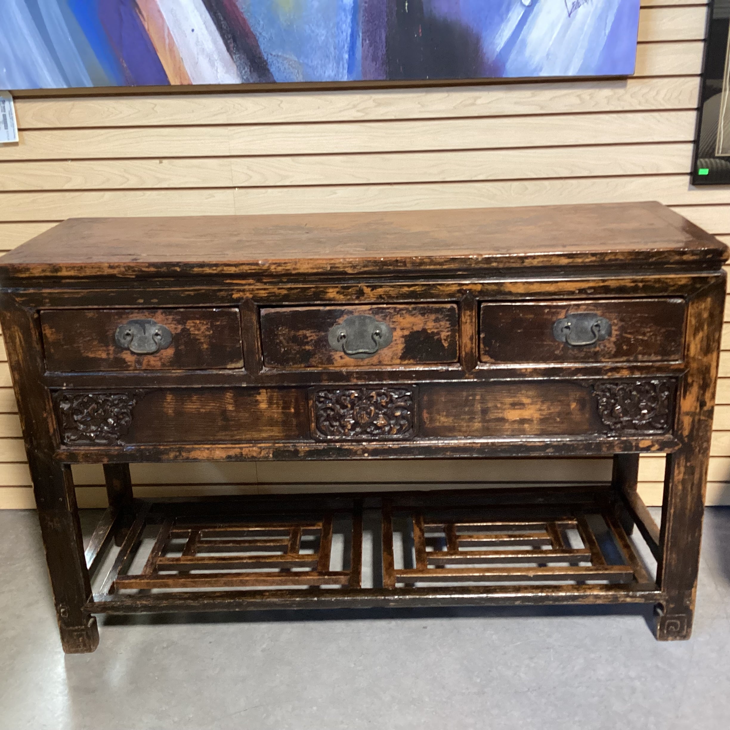 Vintage Antique Asian Carved Wood Lacquer Distressed Buffet 54.5"x 18.5"x 35"