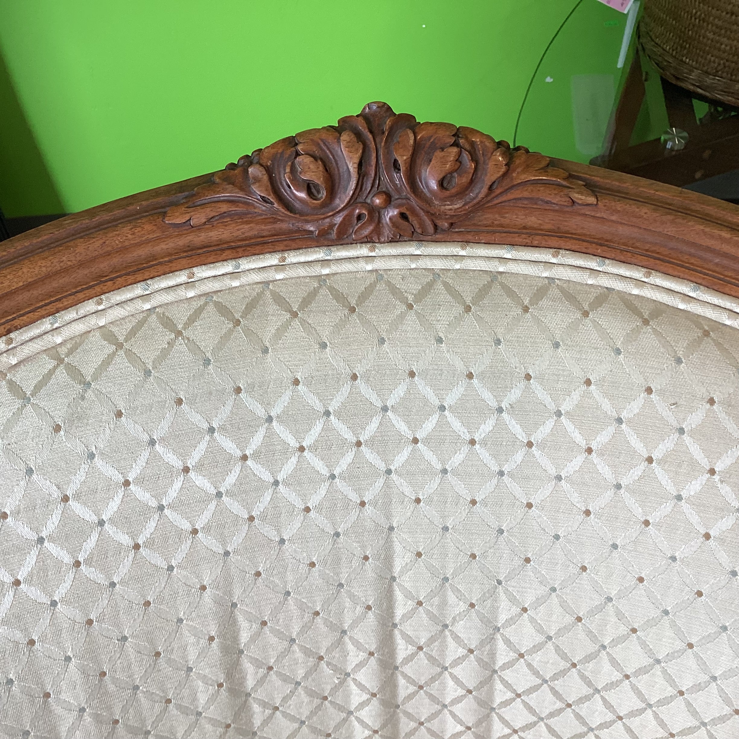Antique Carved Oak & Golden Lattice Style Upholstery French Provincial Chair 32.5"x 34"x 38"