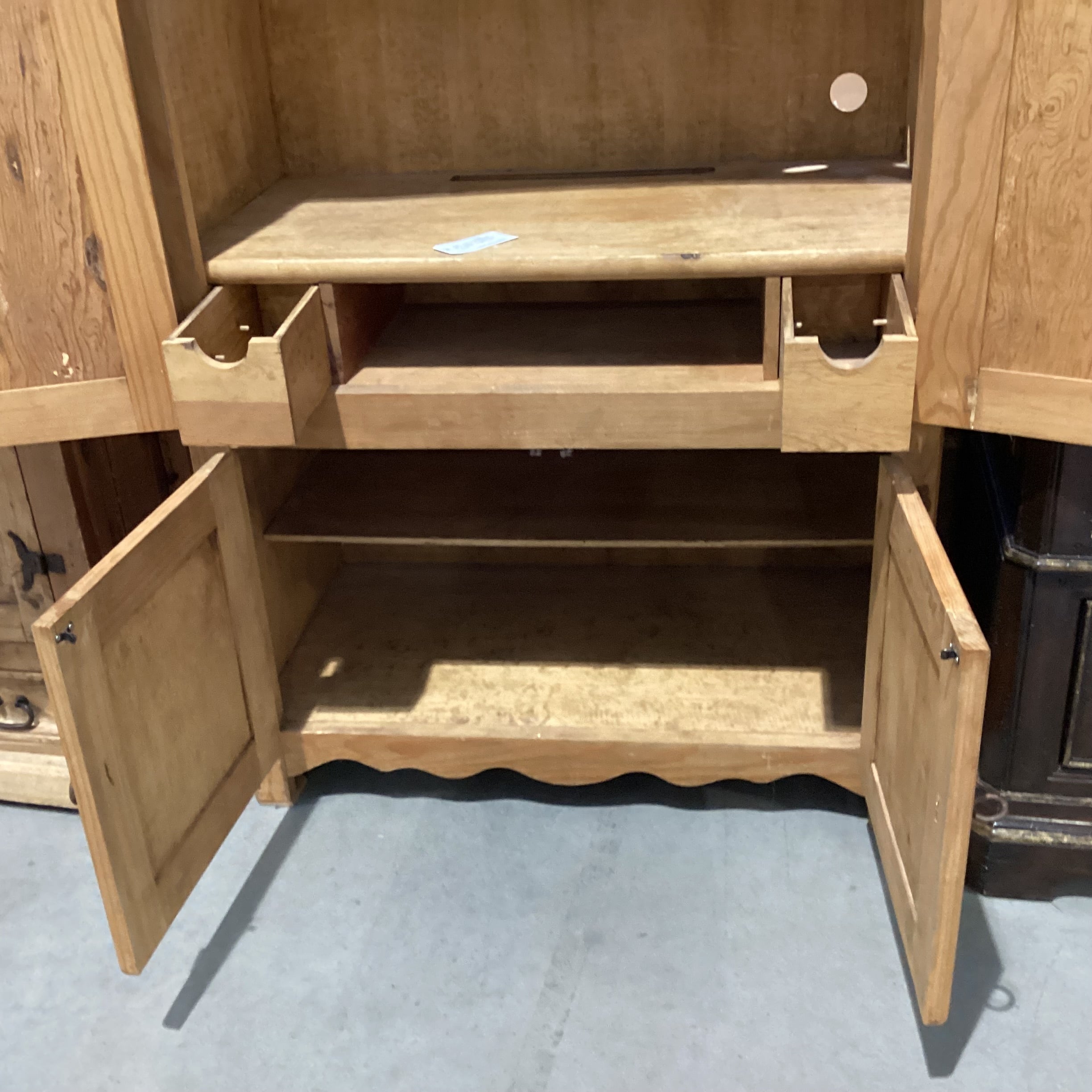 Arched Rustic Natural Carved Wood 4 Door with Shelves & 2 Drawer Armoire 48.5"x 26"x 80.5"