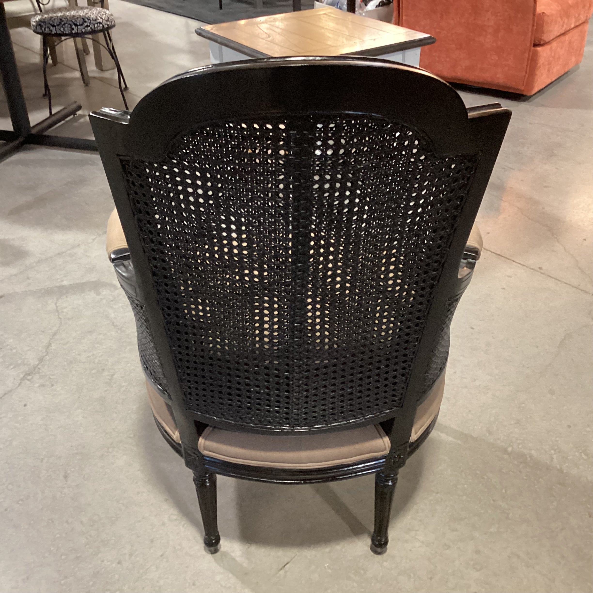 Black French Caning & Carved Wood with Taupe Brown Down Mix Upholstered Chair 26"x 24"x 40"