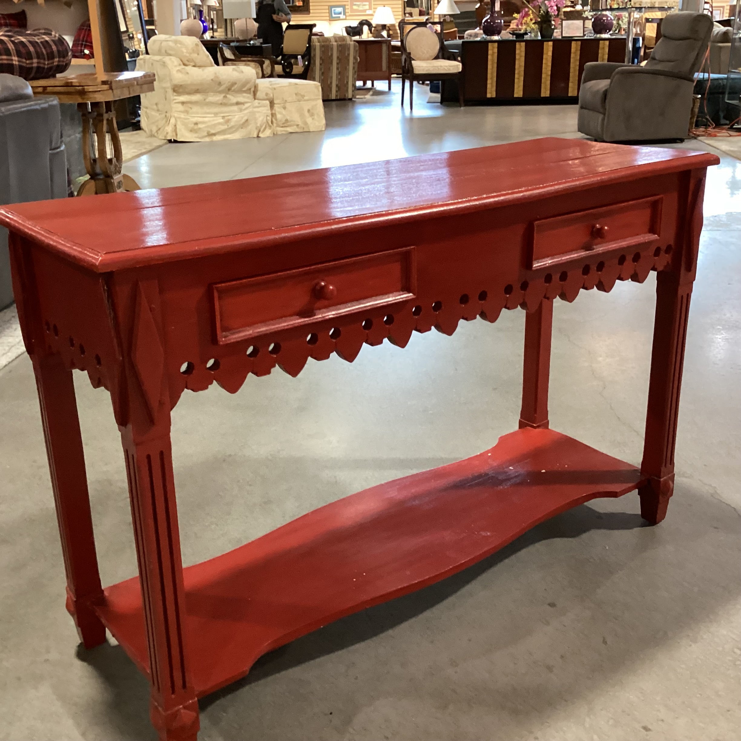 Red Finished Carved Wood 2 Drawer with Bottom Shelf Sofa Table 47"x 17"x 30"