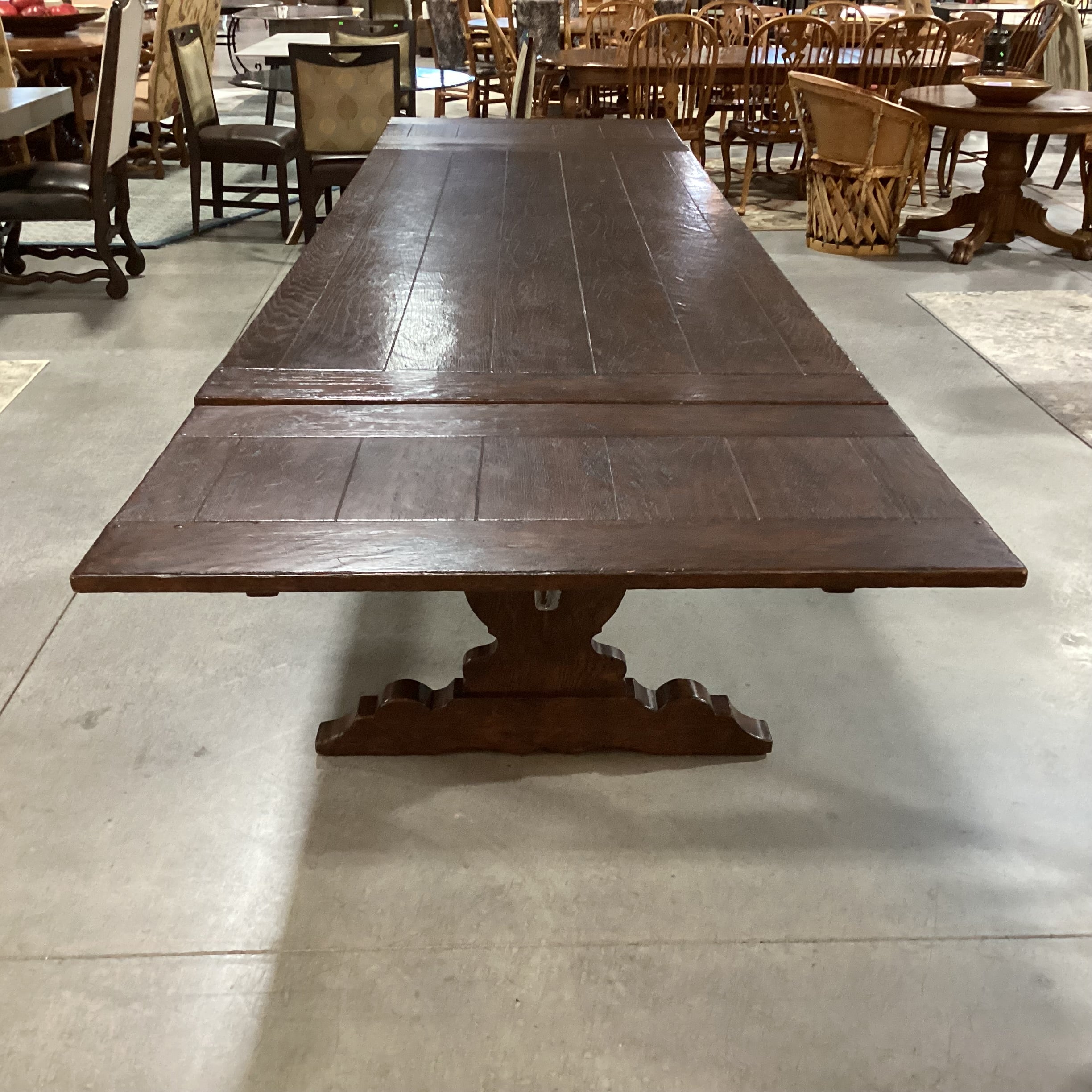 Antique Dark Finish Wood with End Extend Leaves & Trestle Dining Table 108" to 155"x 42"x 30.5"